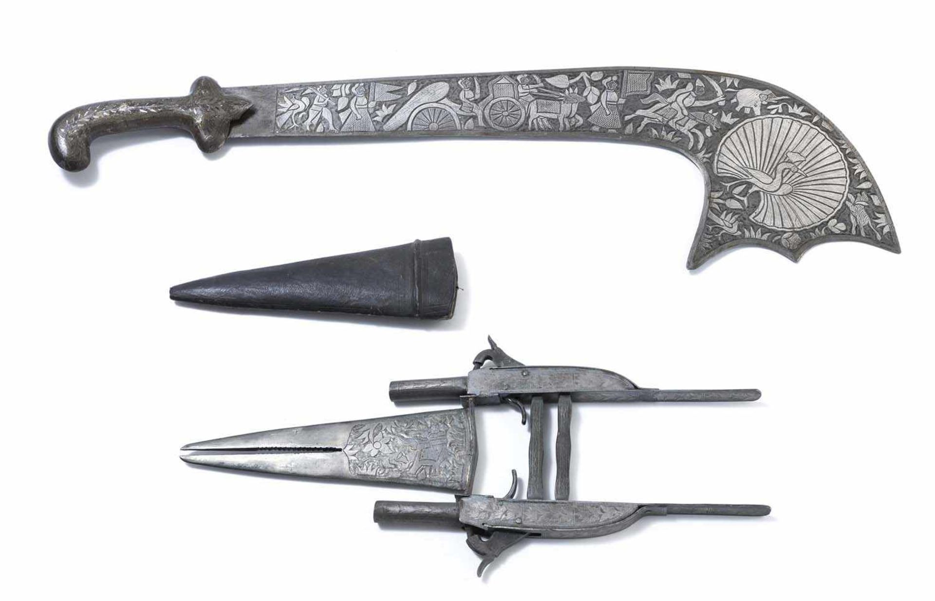 Zwei WaffenIndien, 19./20. Jh.L. 48/77 cmU.a. ein "katar", ein Stossdolch mit beidseitig