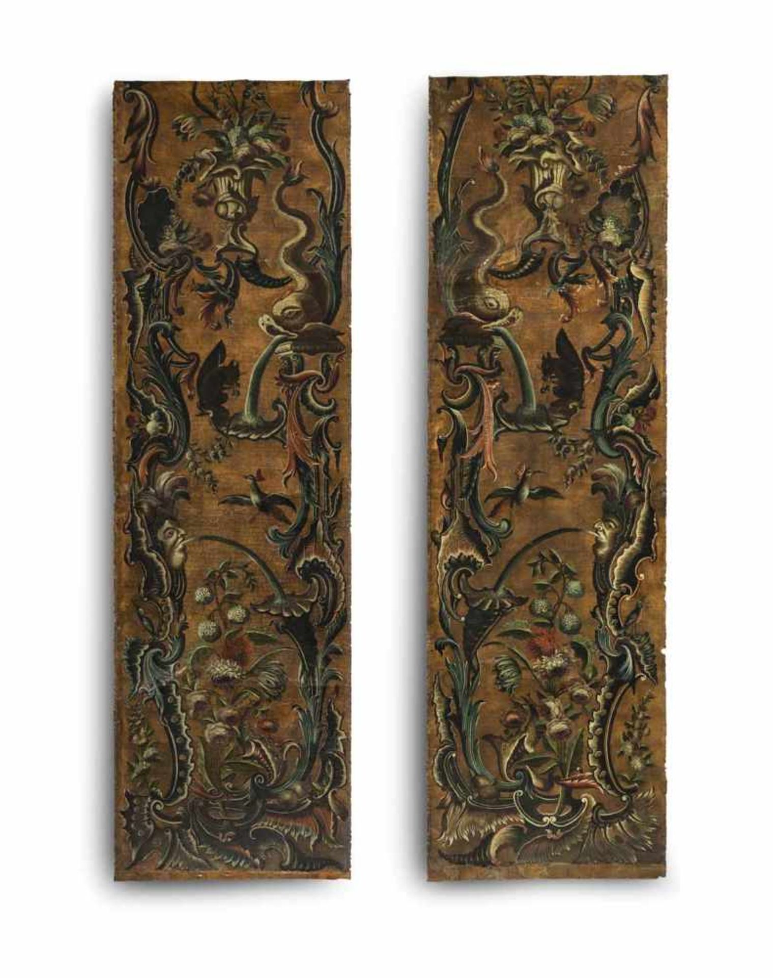Zwei Rokoko-Ledertapeten-Paneele18. Jahrhundert278x81 cmPunziertes Leder mit Silberauflagen,