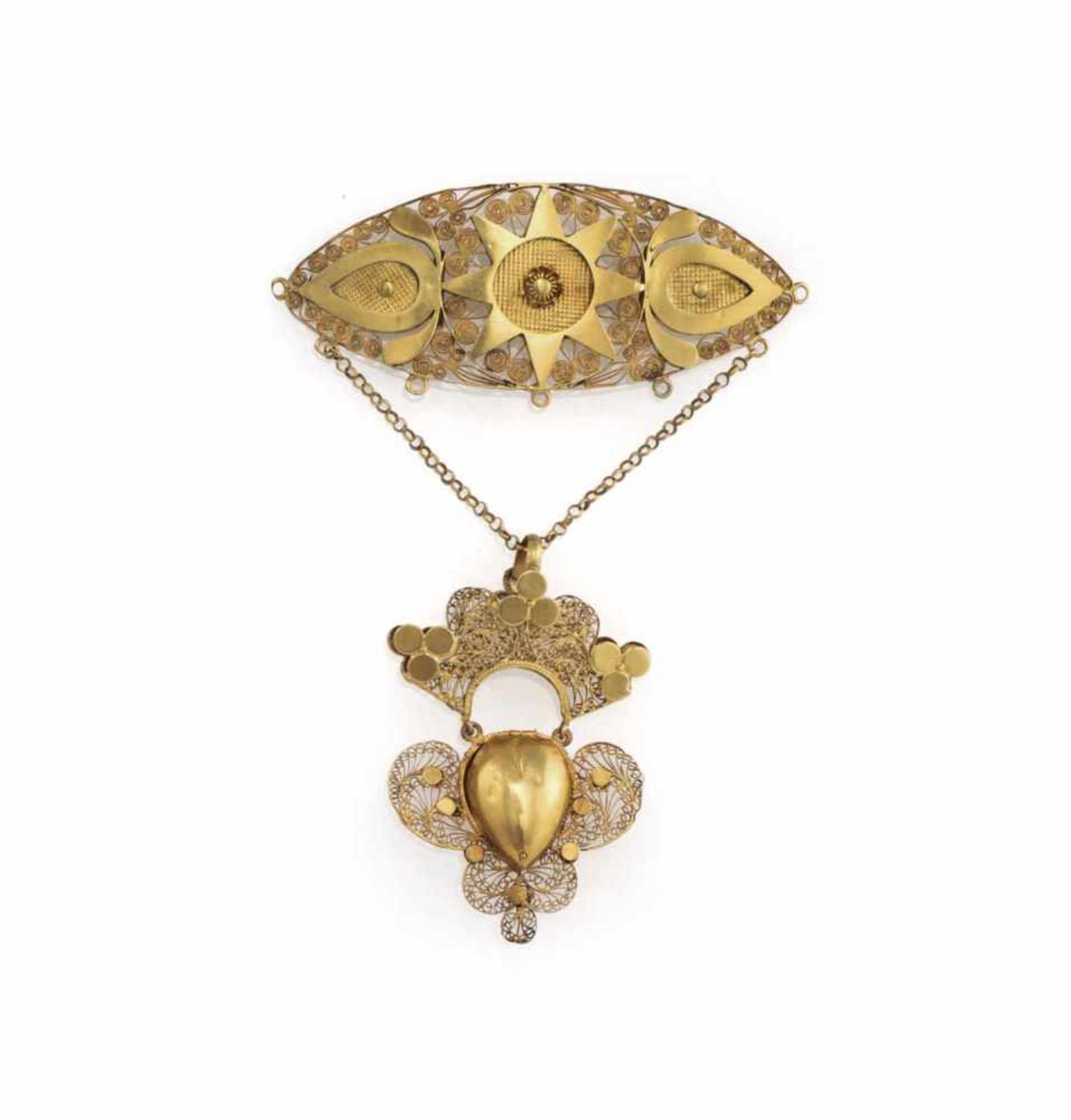 Collier-Schaustück mit bekröntem HerzanhängerNiederlande, um 1860L. 10 cmCa. 14kt Gelbgold,