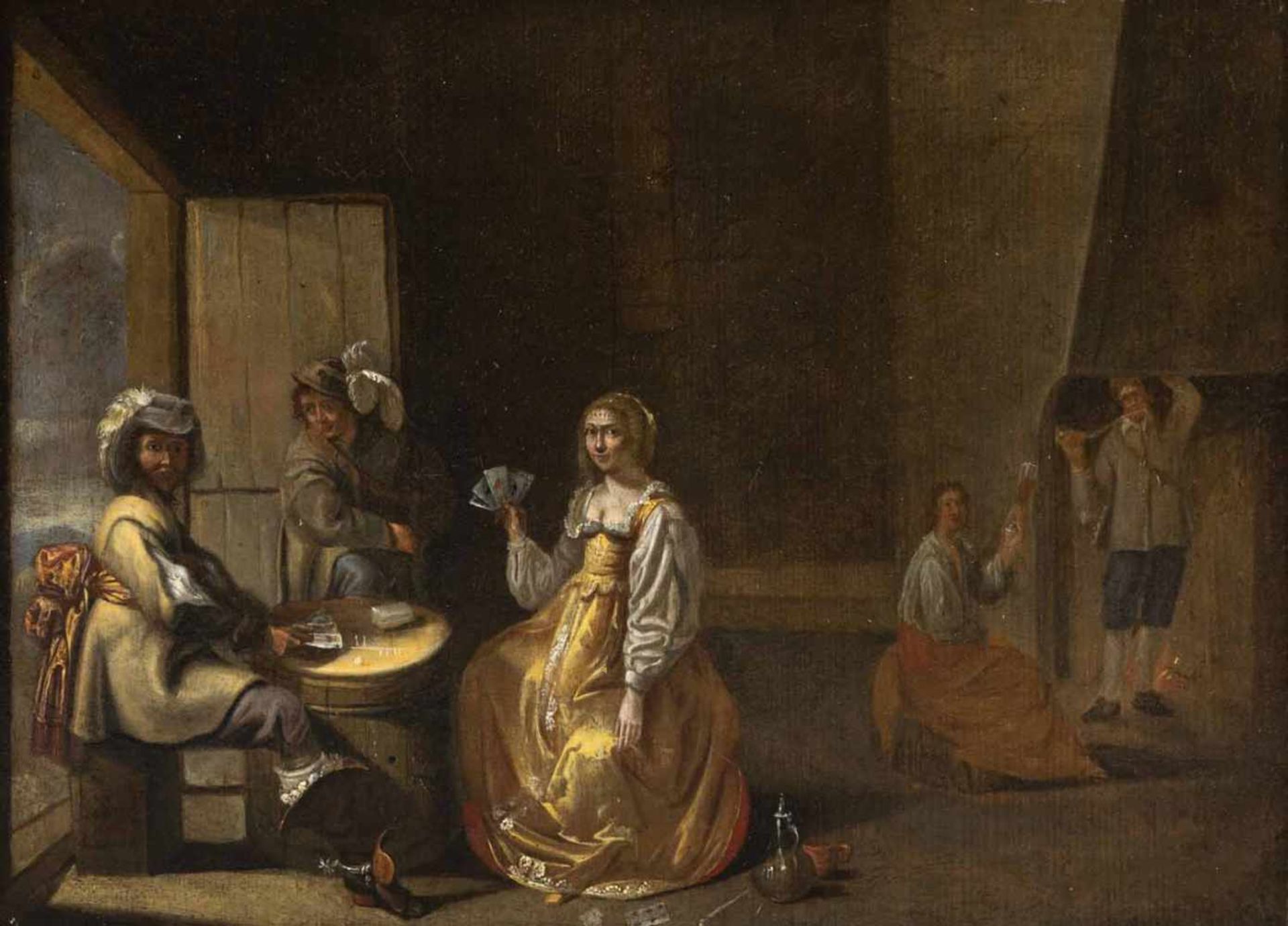 Niederlande17. Jahrhundert31,2 x 22,2 cmElegante Dame im Wachstubeninterieur mit trinkenden und
