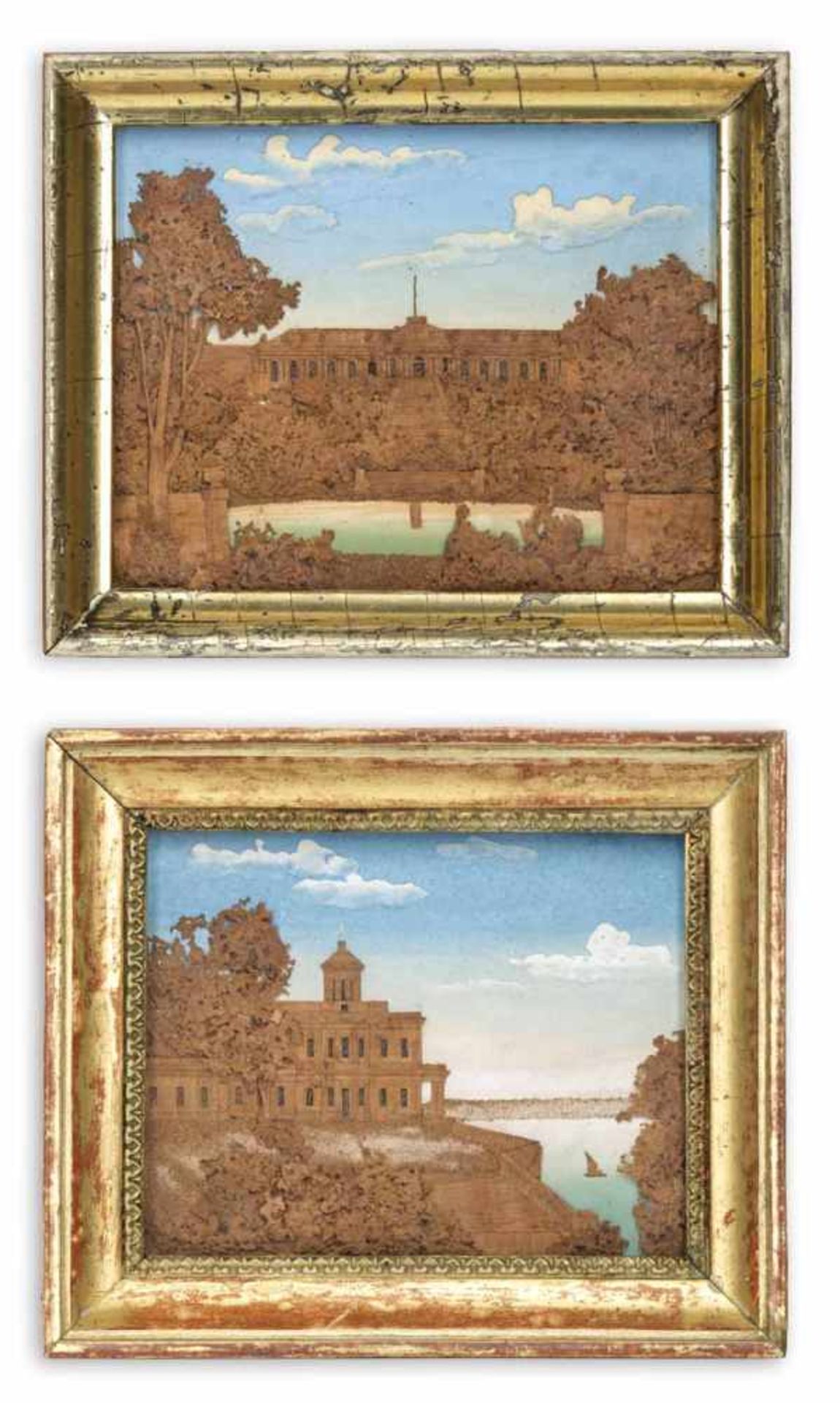 Zwei Korkdioramen, Phelloplastik, Potsdam-AnsichtenMitte 19. JahrhundertH. 10,5/12 cmSchloss