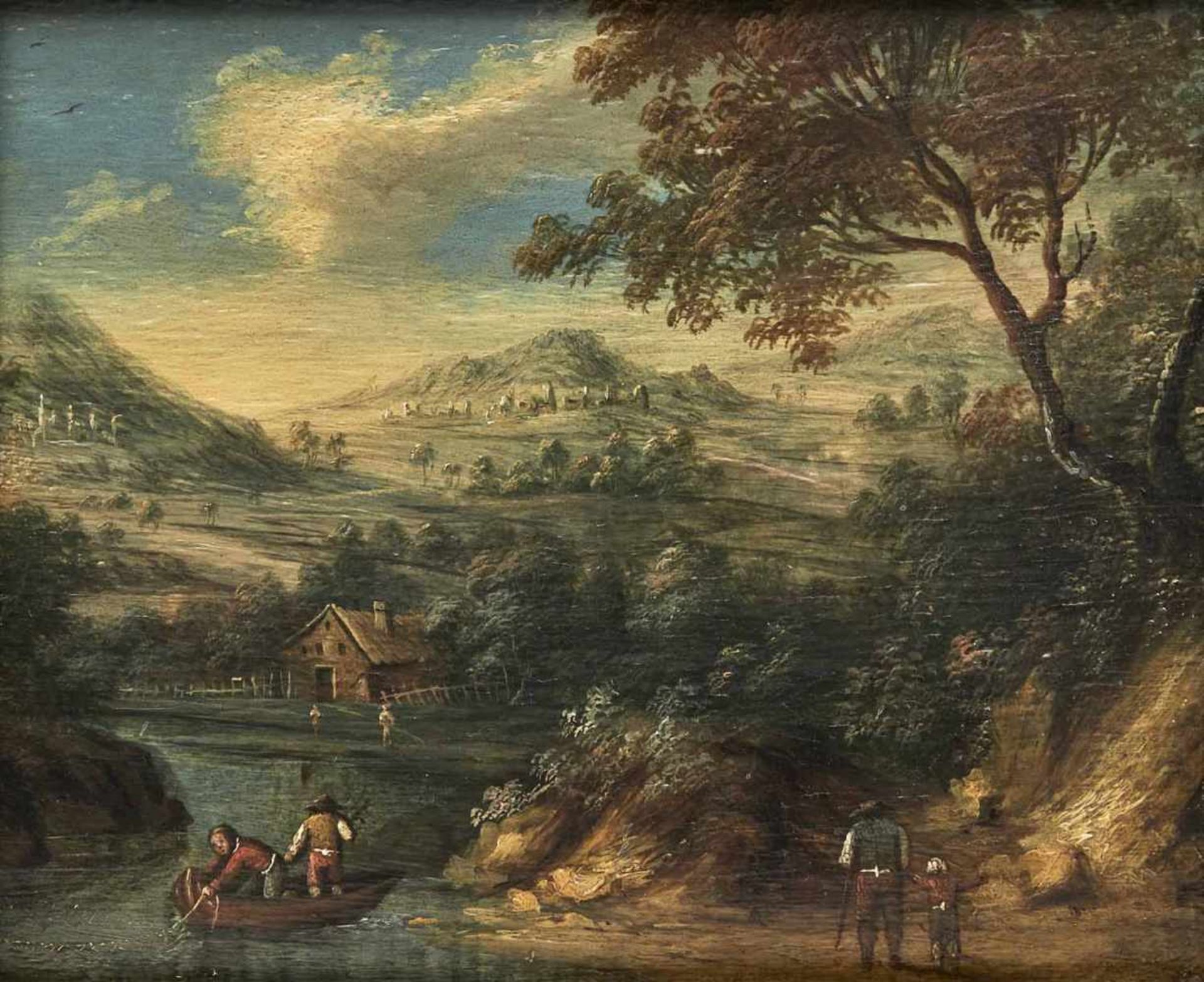 Flämische Schule17. Jahrhundert25 x 31 cmFlusslandschaft mit Figurenstaffage. Öl/Holz.FLEMISH SCHOOL