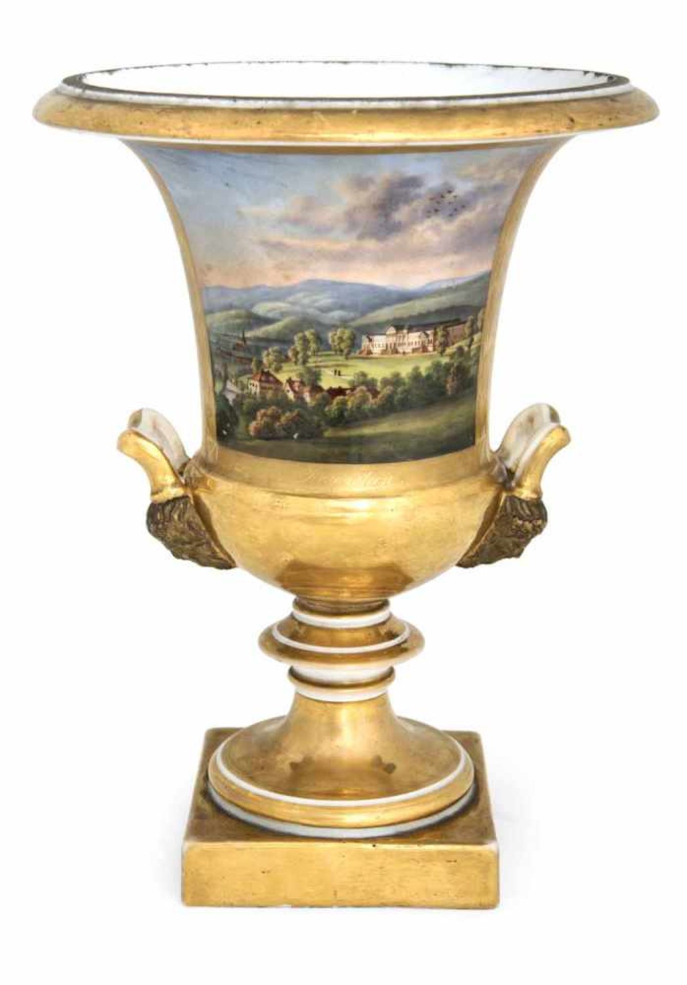 Kratervase mit Ansicht von Schloss RosensteinLudwigsburg, um 1815H. 28,5 cmVasenhenkel mit