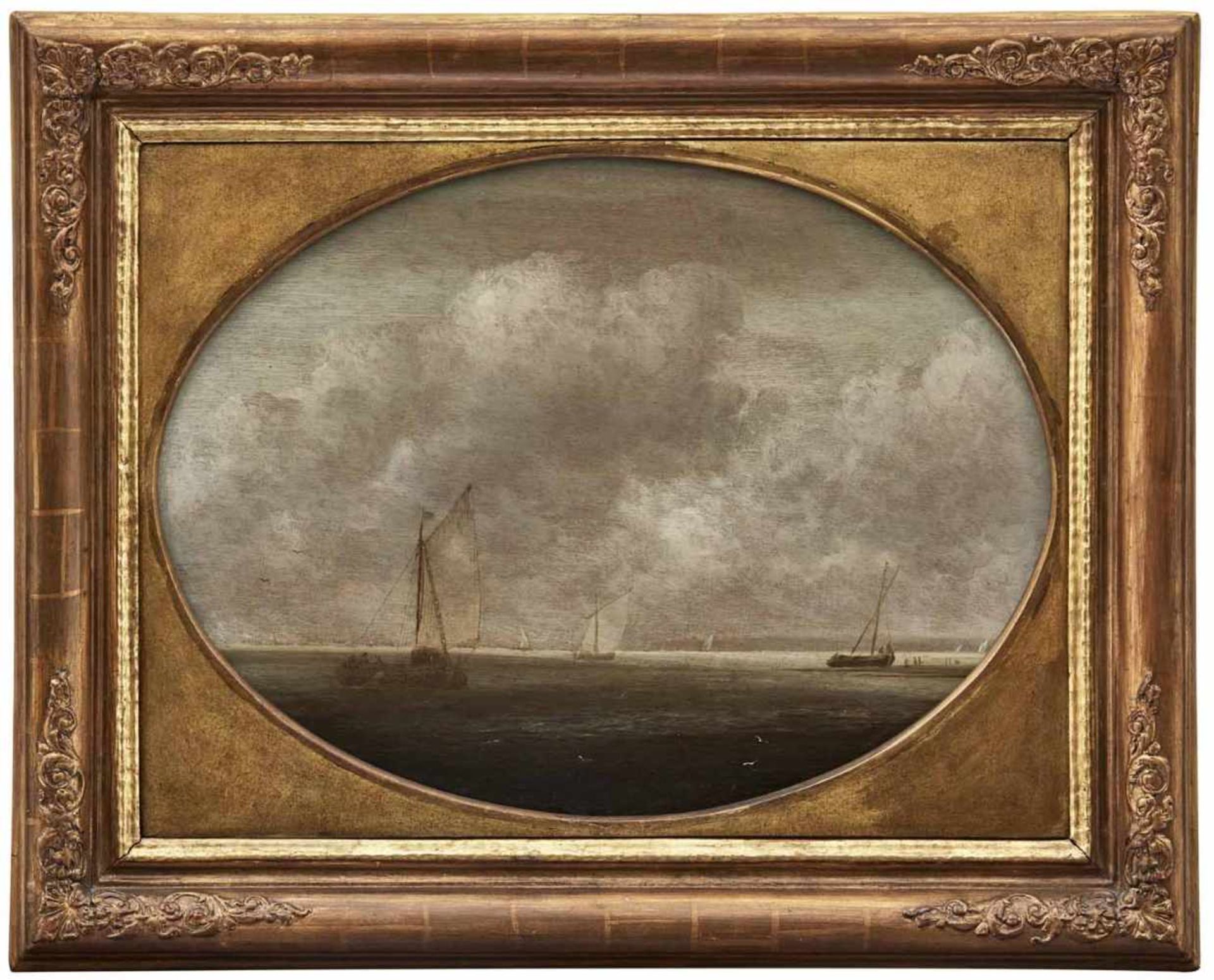 Vlieger, Simon de (Kreis)Rotterdam um 1600 - Weesp 165336 x 48 cmSegelschiffe in ruhiger See. Öl/