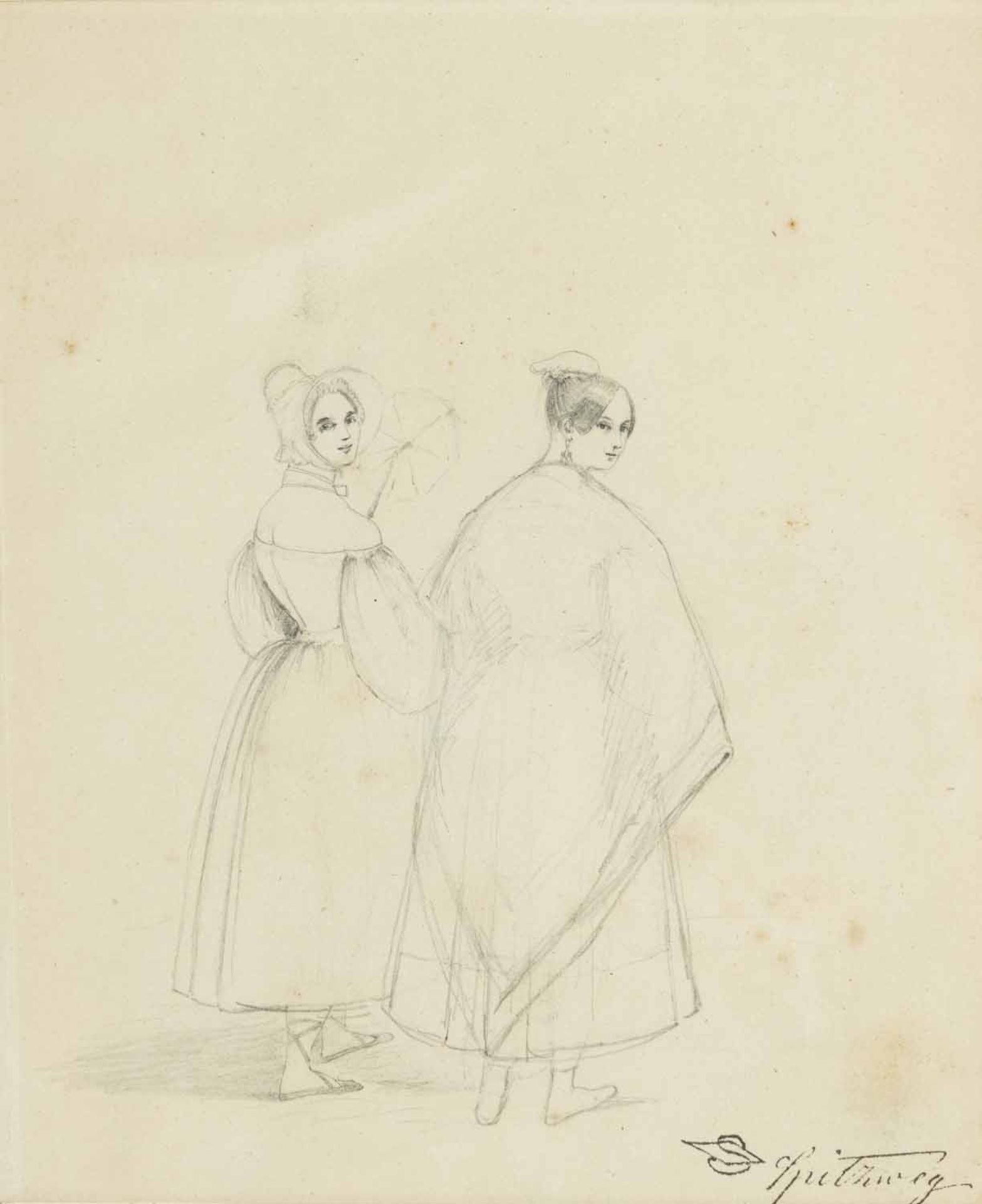 Spitzweg, CarlMünchen 1808 - 188515 x 14,5 cmSkizze zweier sich umwendender Frauen. Bleistift/