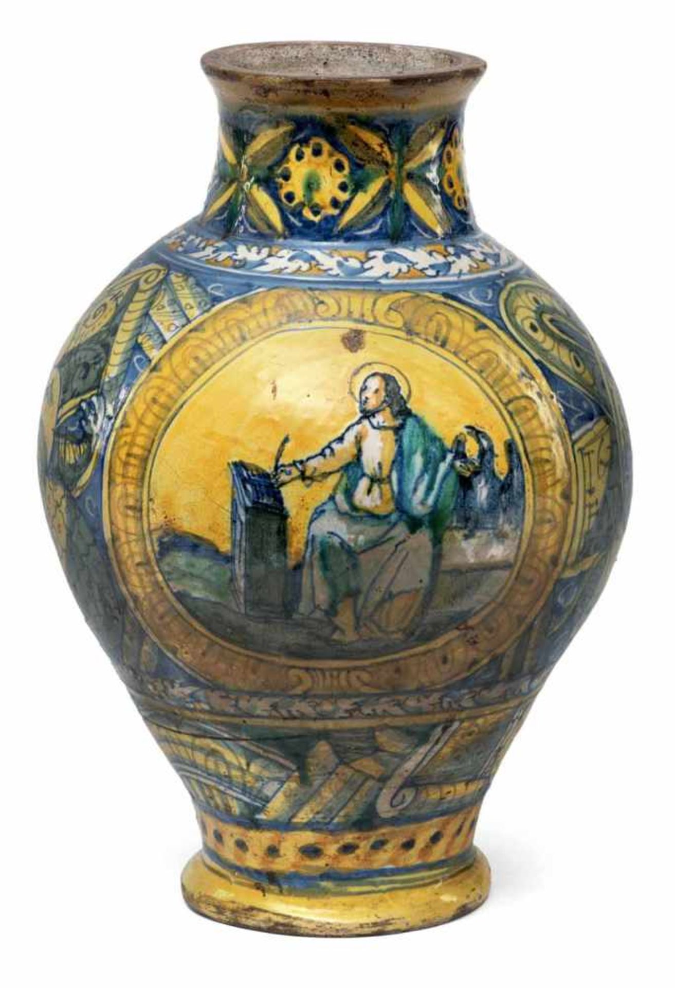 Grosse Apothekervase mit Evangelist JohannesSizilien/Palermo, datiert 1627H. 37 cmBalustervase aus