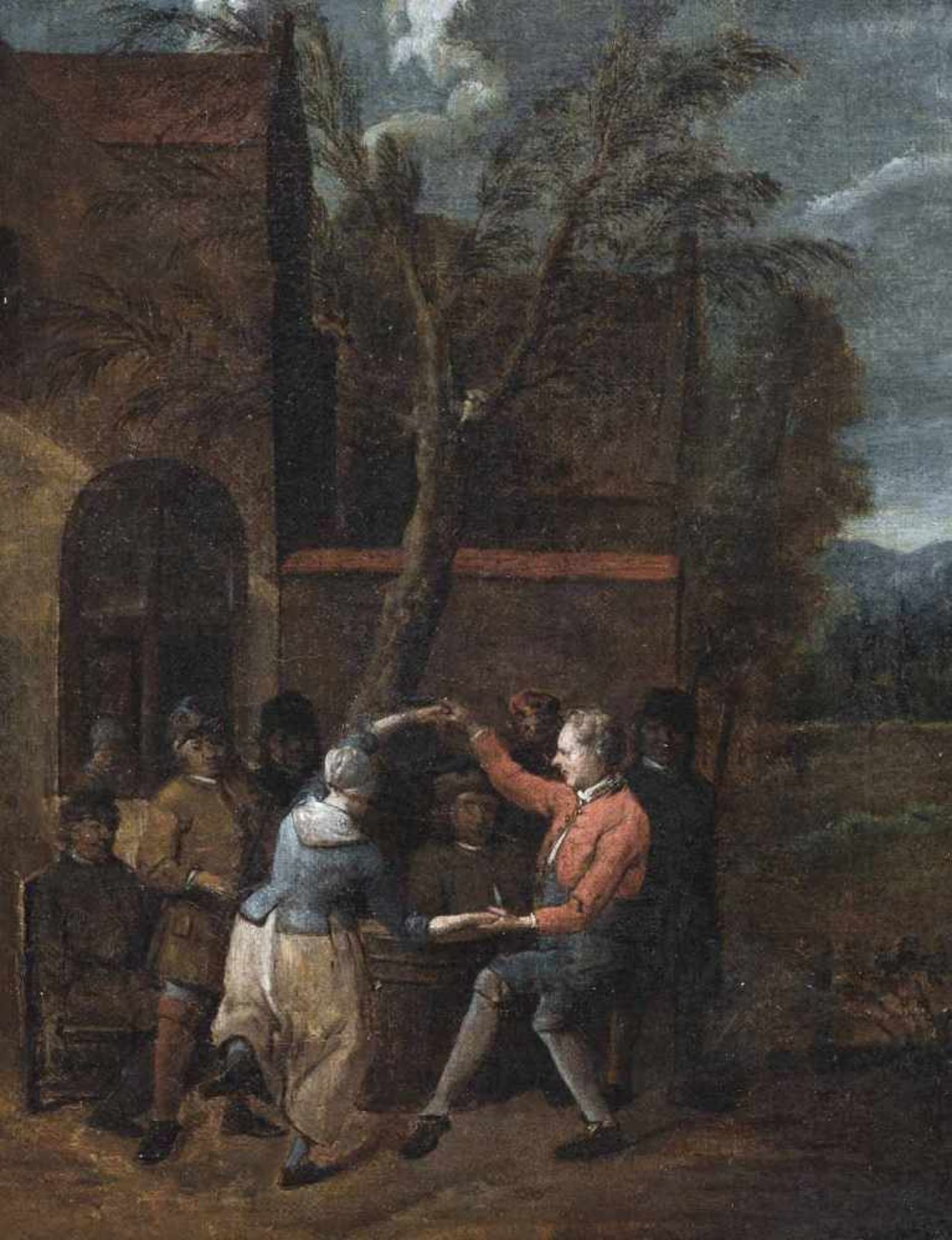 Dusart, Cornelis (Kreis)Haarlem 1660 - 170439 x 31 cmBauerntanz vor einem Gasthof. Öl/Lwd./Lwd.