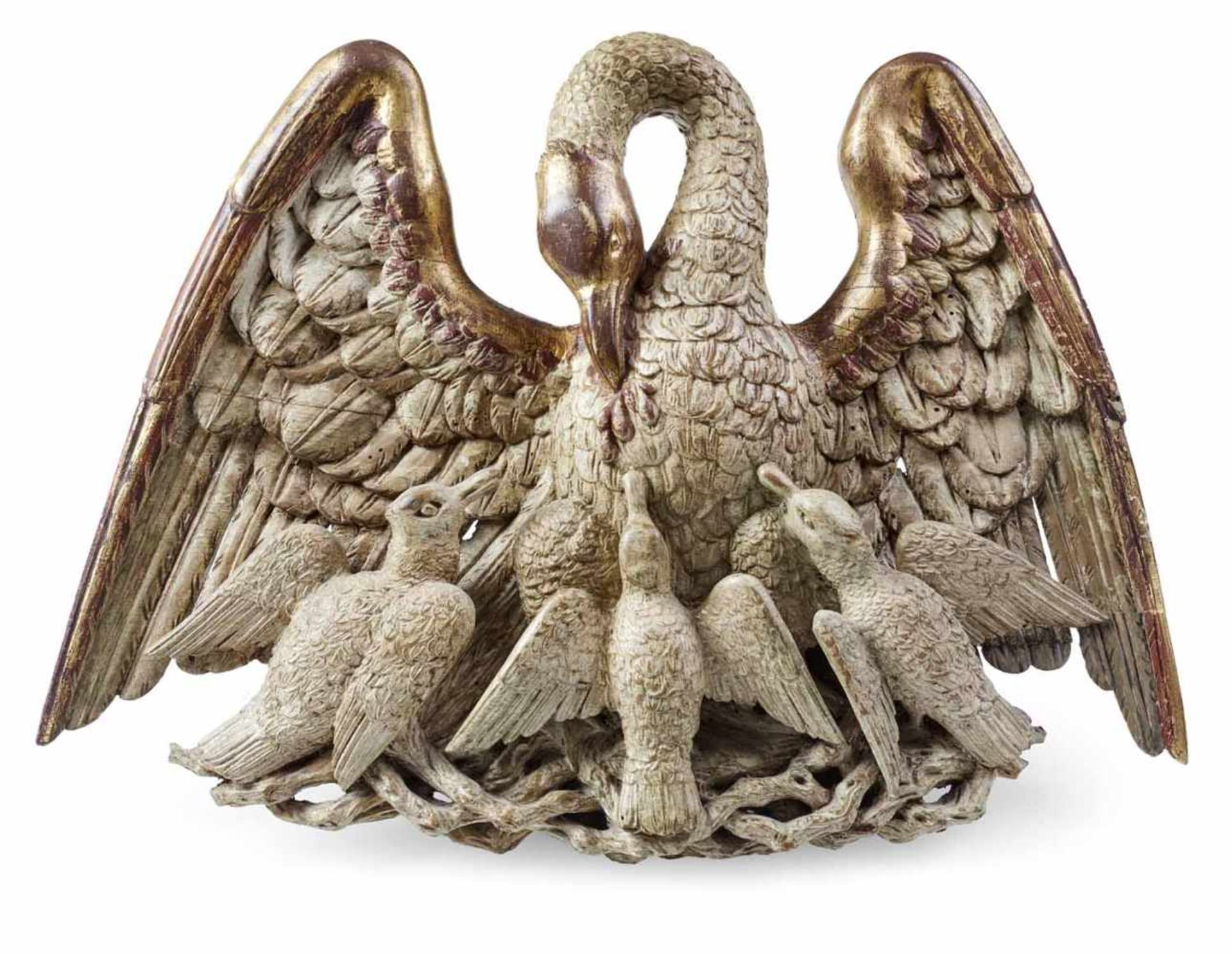 Pelikangruppe18. Jahrhundert32 x 43 cmPelikanmutter füttert ihre Jungen aus ihrem eigenen Leib.