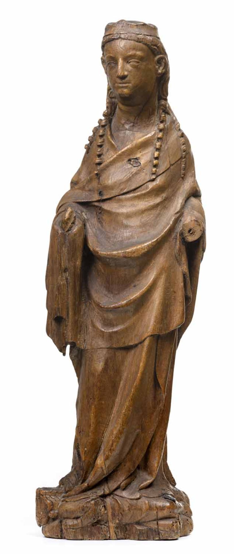 Heilige KatharinaRheinisch, 14. JahrhundertH. 53 cmStehende Heilige, den Kopf leicht nach rechts