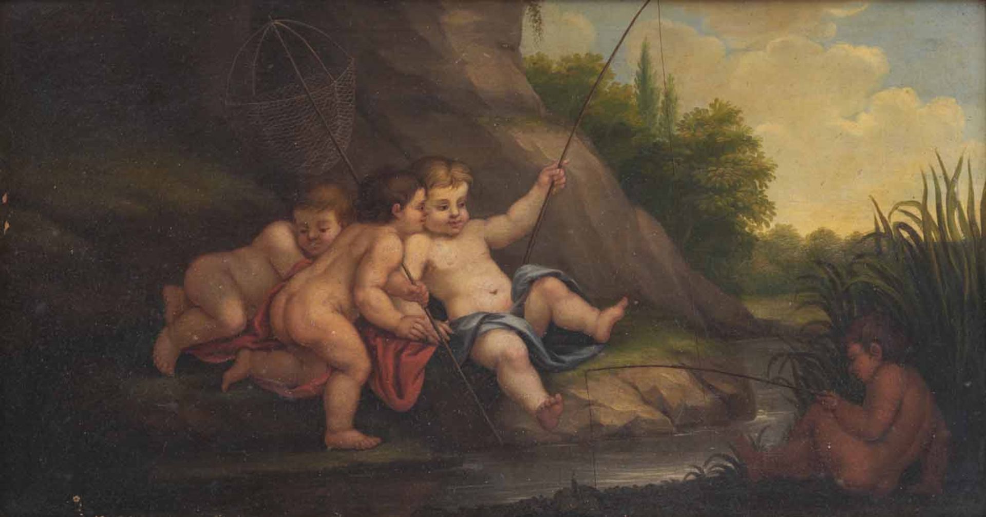 Italien18. Jahrhundert67 x 124 cmZwei Supraporten mit angelnden und jagenden Putti. Gegenstücke. - Bild 2 aus 3