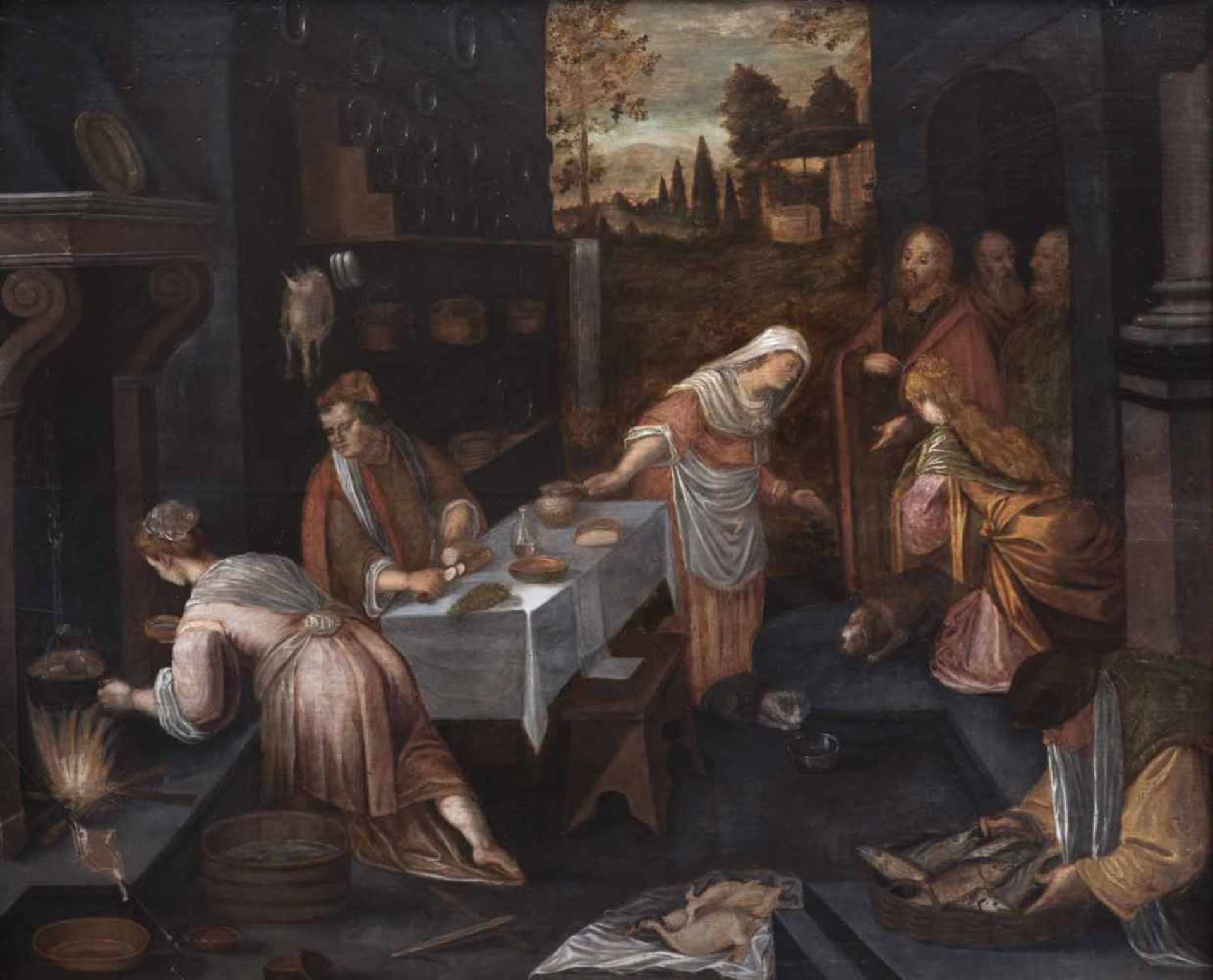 Bassano, Jacopo (nach)Bassano um 1510 - 159295 x 117 cmChristus im Haus von Maria und Martha. Öl/