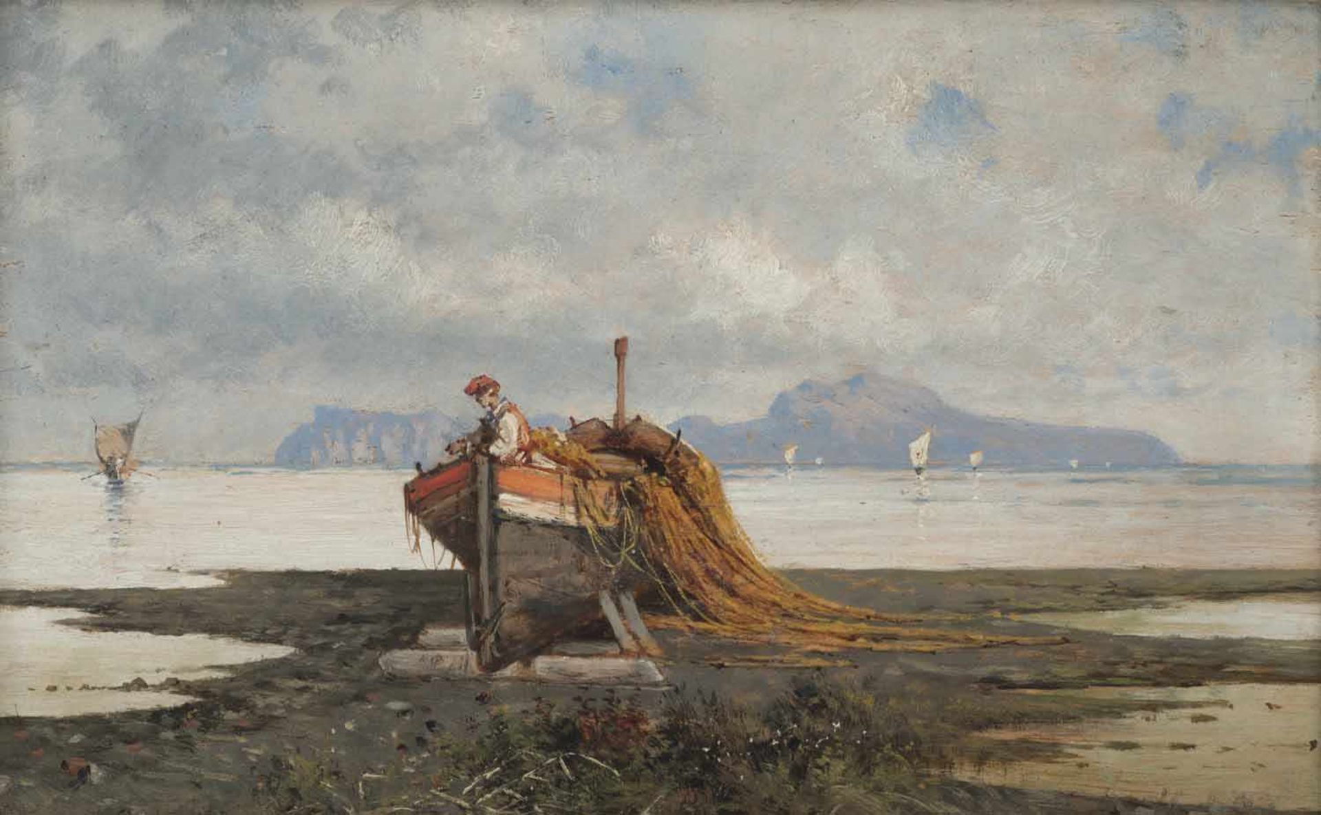 Carelli, Giuseppe (attr.)Neapel 1858 - Portici 192122 x 34 cmNeapolitanischer Fischer auf dem Boot
