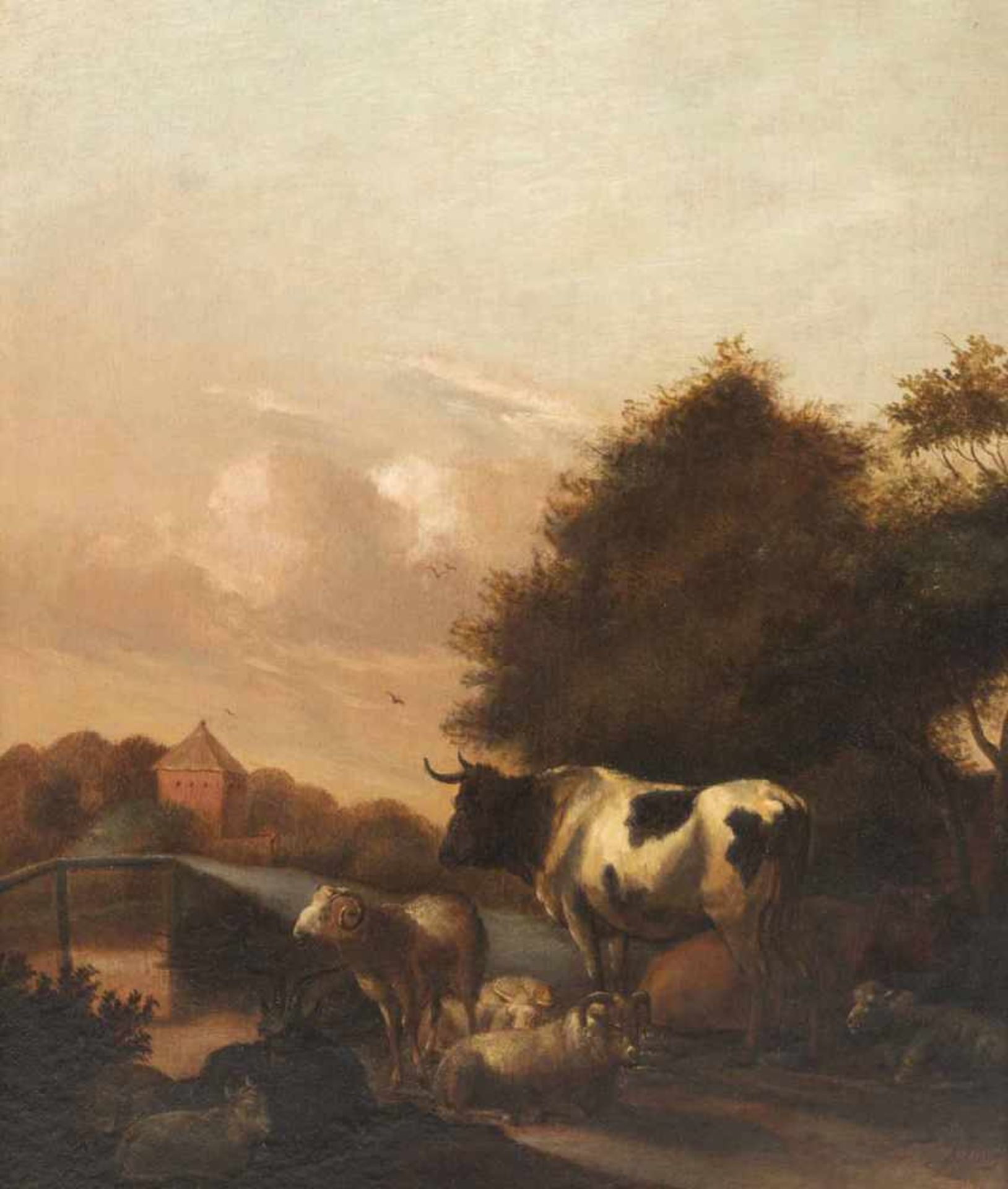 Klomp, Albert Jansz.Amsterdam 1618 - 168842 x 35 cmZwei abendliche Landschaften mit Tierherde. - Bild 3 aus 3