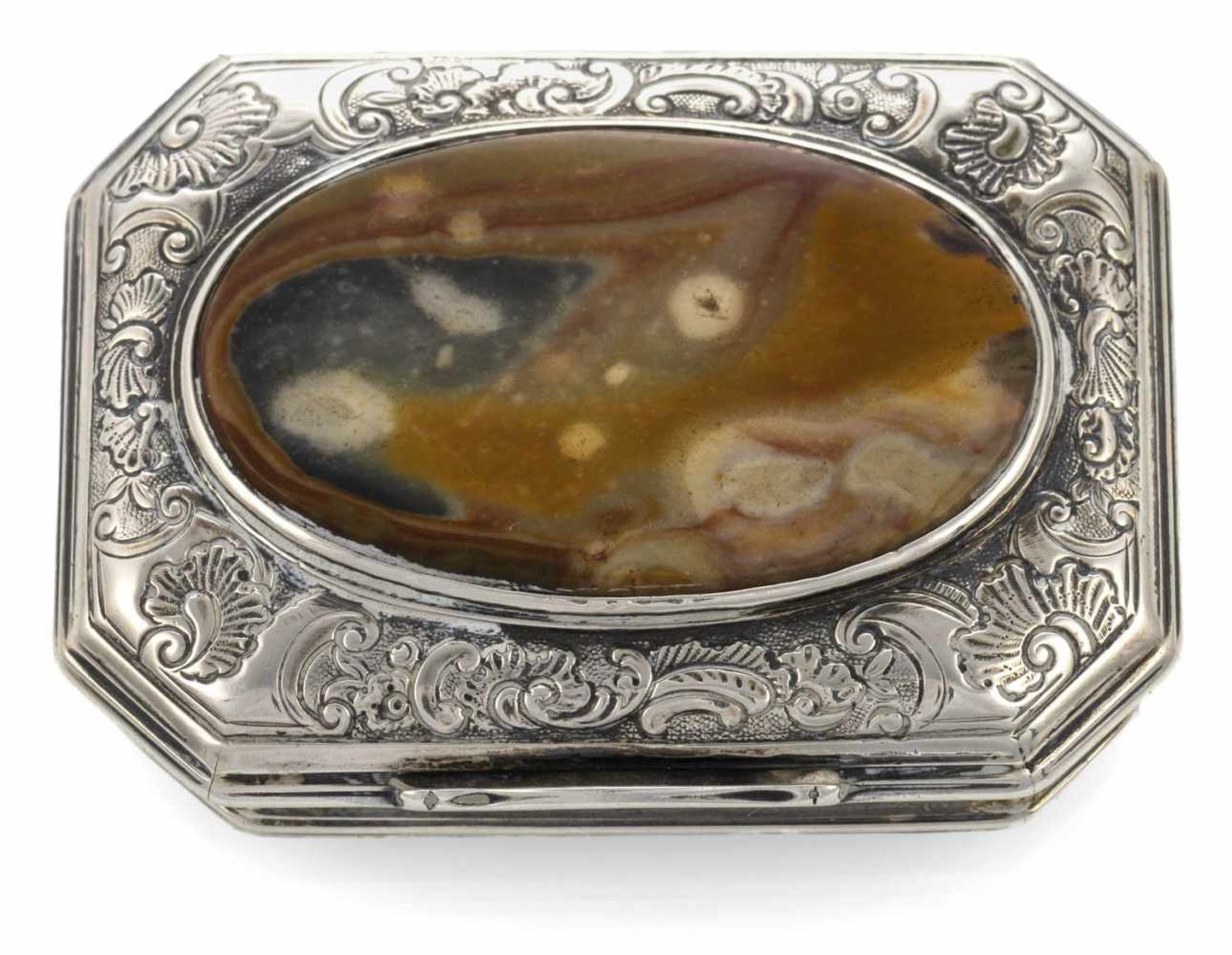 BAROCK-TABATIERE,SILBER,U.A.VERGOLDET,REGENBOGEN-JASPIS2,2 X 6,5 X 5 CM- - -33.00 % buyer's