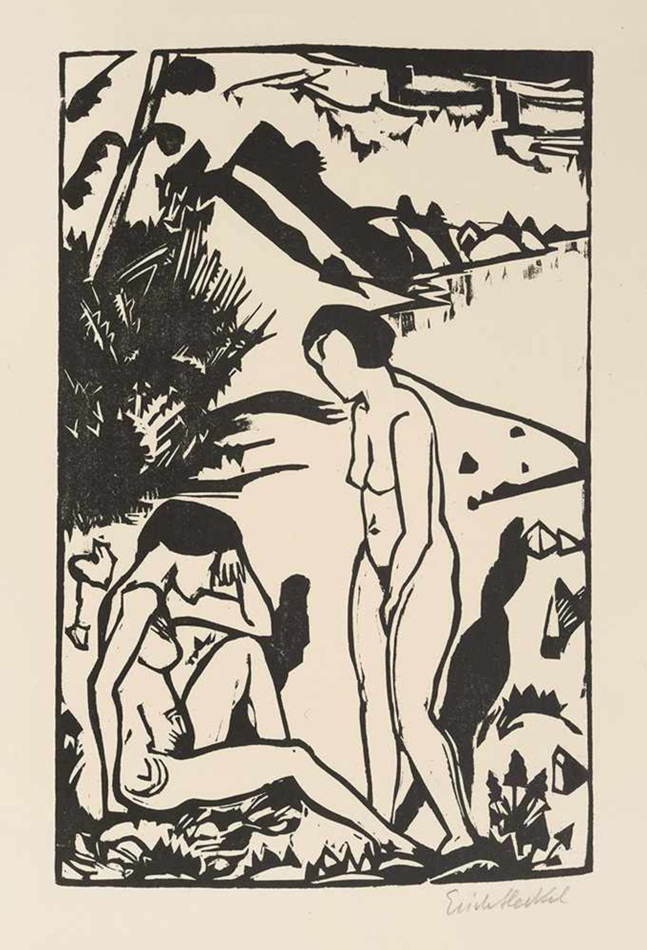 Heckel, ErichDöbeln, 1883 - Hemmenhofen, 197040,6x26,4cm,o.R."Am Strand", 1923. Holzschnitt auf