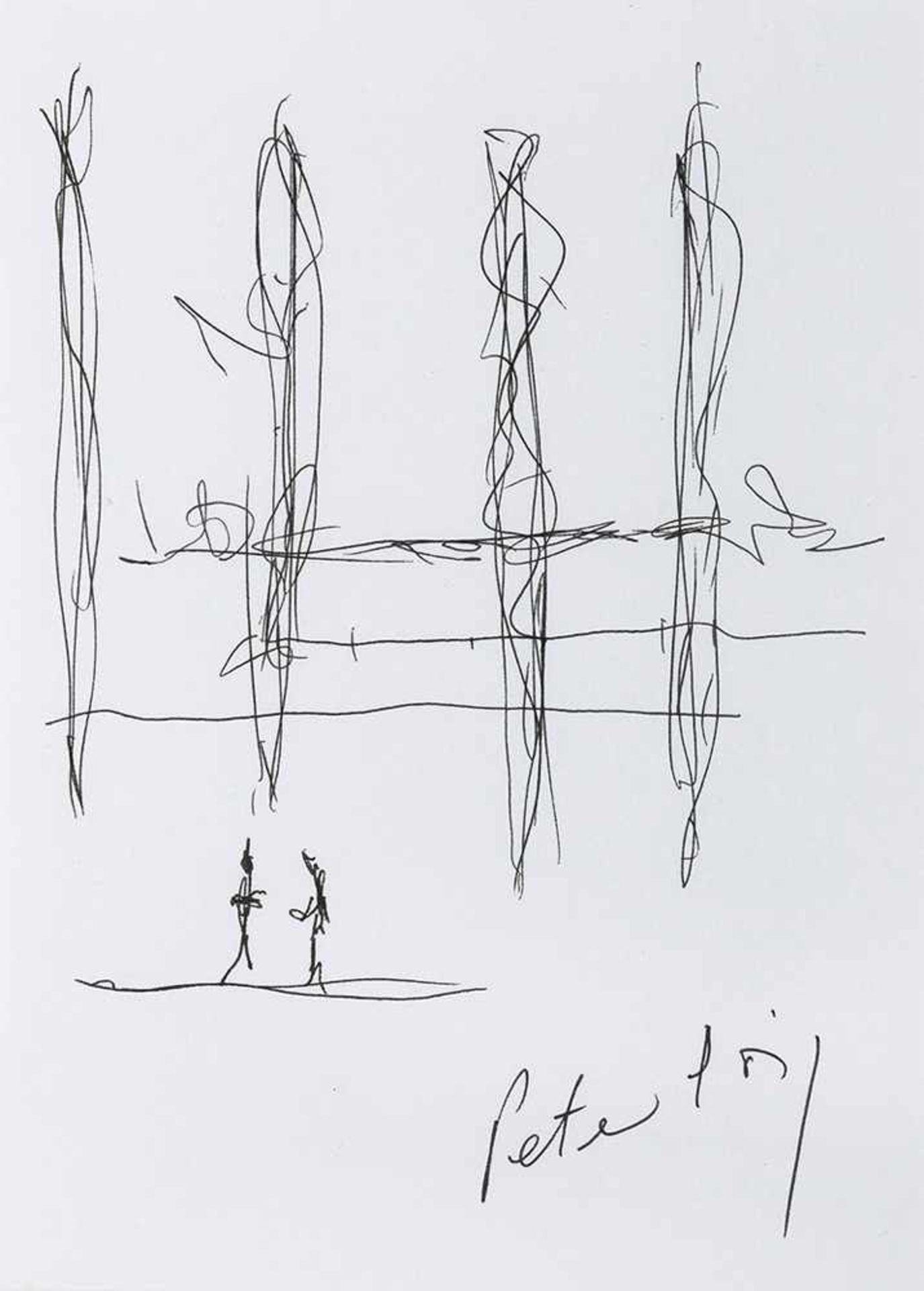Doig, PeterEdinburgh, geboren 195914,5 x 10,5cm,R.Zwei Menschen vor Landschaft. Tinte auf glattem