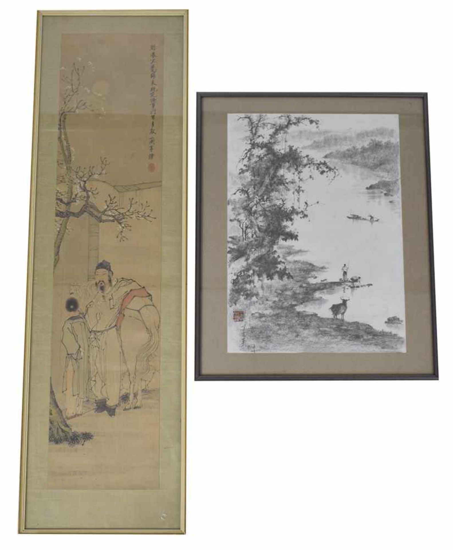 BEZ. LANTING/WANG ZHIYINGFIGUREN/LANDSCHAFT, 2 BLL.H. 41,5/80 CM,R.- - -33.00 % buyer's premium on