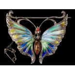 c1950 Sterling Silver Enamel Marcasite Butterfly Brooch