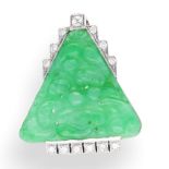 18Carat White Gold Jade & Diamond Pendant / Brooch / Lapel Clip 32x36mm