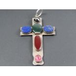 Rare Large Vintage Art Deco Silver & Agate Pendant Cross 1929 Arts & Crafts