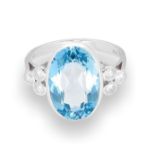 18Ct White Rubover Set 5.59ct Aquamarine Solitaire w/ 0.60ct Diamond Accents (S)