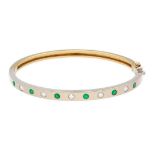 18Ct Yellow & White Gold 7" Diamond & Emerald (1.00TCW)Hinged Bangle 4mm Width