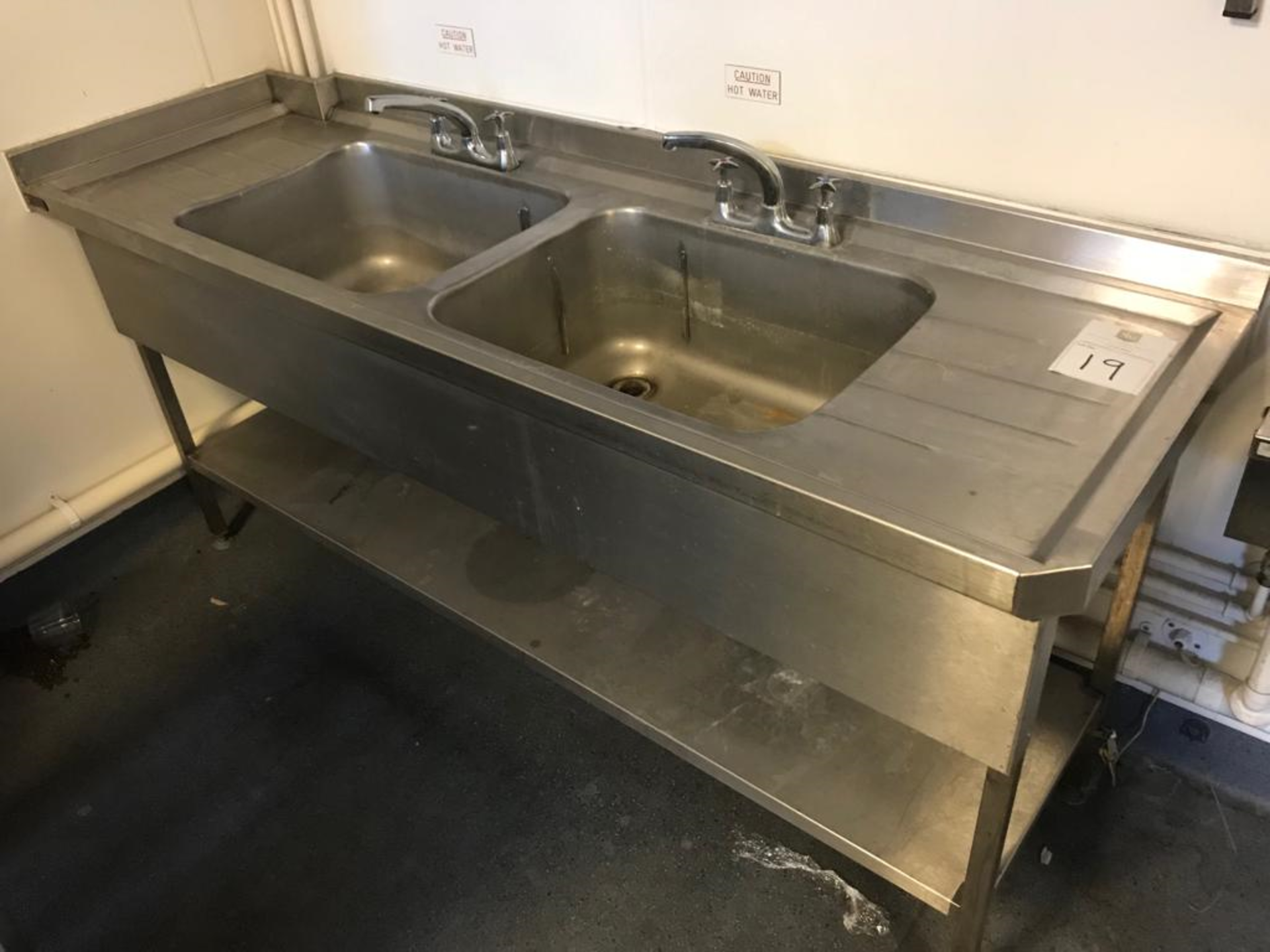 Stainless Steel Double Sink With 2 Taps, Shelf Below and 2 Wall Mounted Shelves - Image 2 of 8