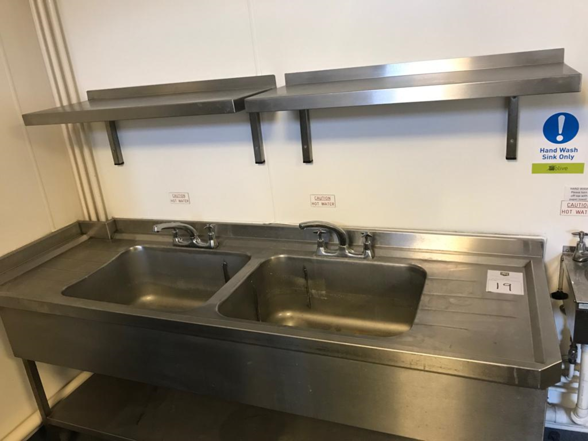 Stainless Steel Double Sink With 2 Taps, Shelf Below and 2 Wall Mounted Shelves - Image 7 of 8