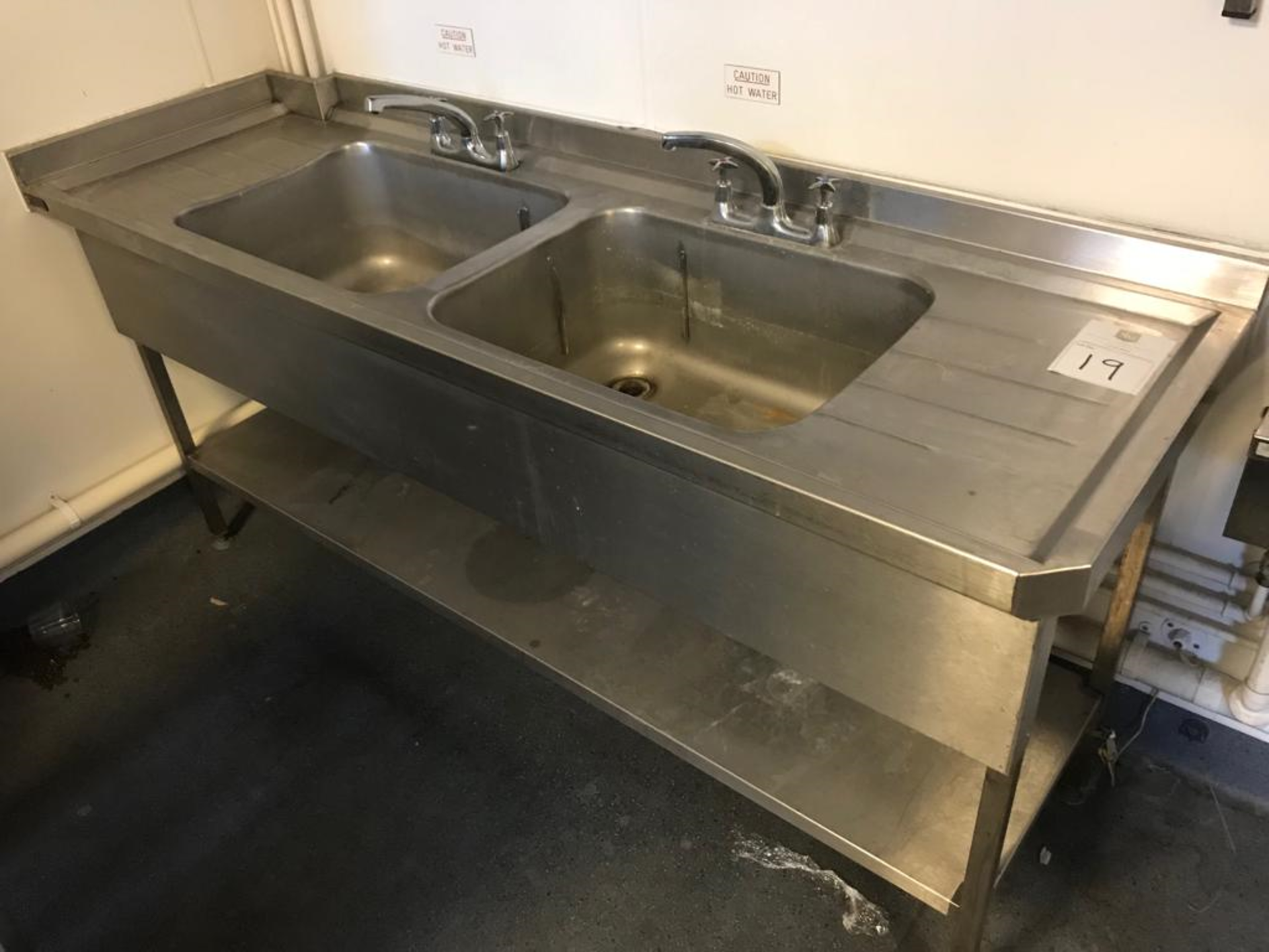 Stainless Steel Double Sink With 2 Taps, Shelf Below and 2 Wall Mounted Shelves