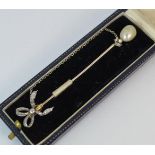 Gold Pin Brooch set with a Pearl and Multiple Diamonds