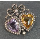 Victorian 18ct Gold Amethyst Citrine & Old Cut Diamond Two Hearts Brooch