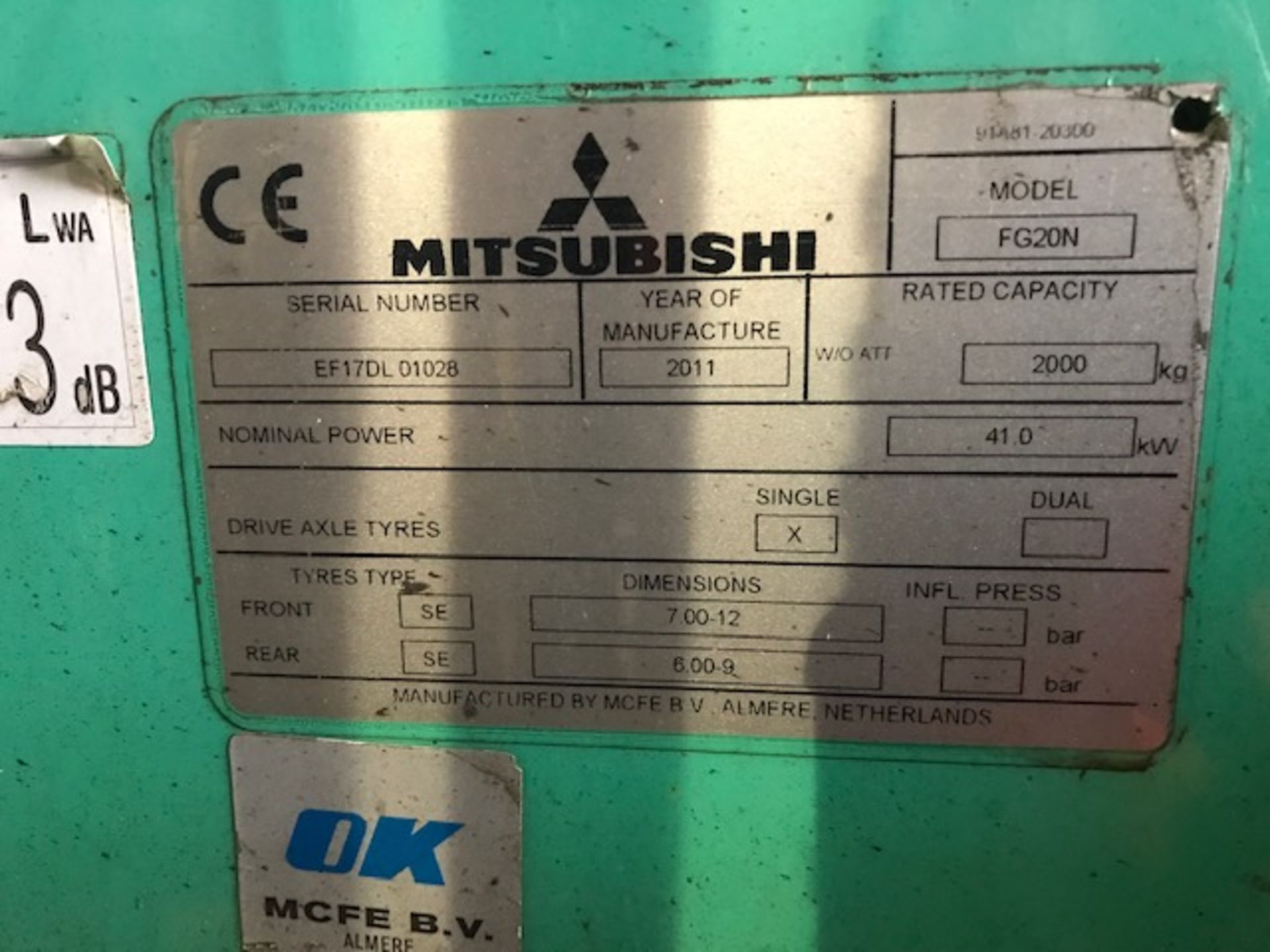 Mitsubishi FG20N 2 Tonne LPG Forklift - Image 5 of 5