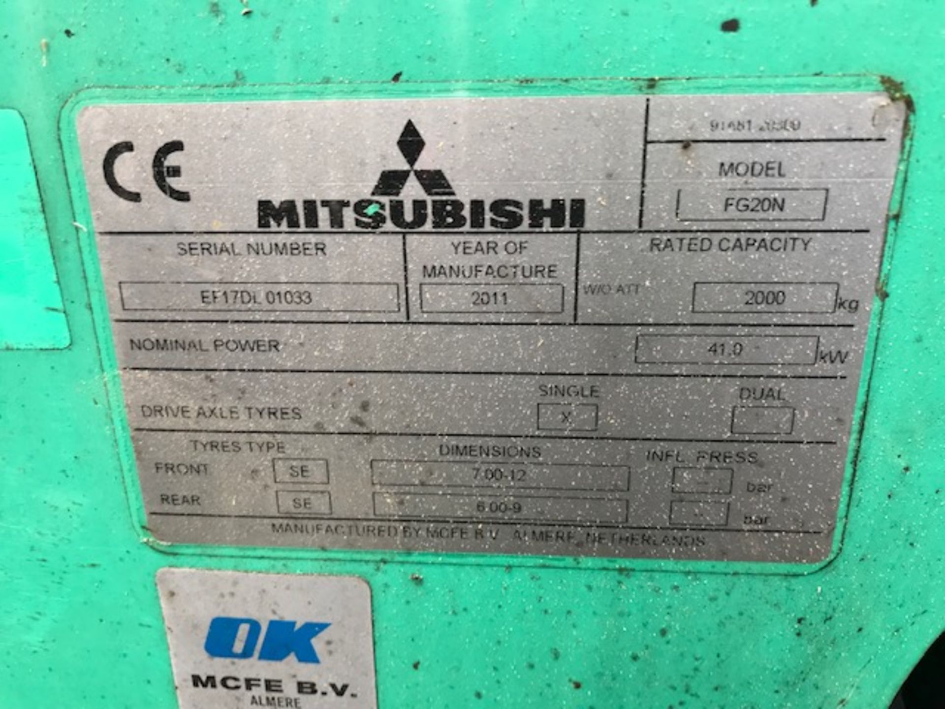 Mitsubishi FG20N 2 Tonne LPG Forklift - Image 5 of 5