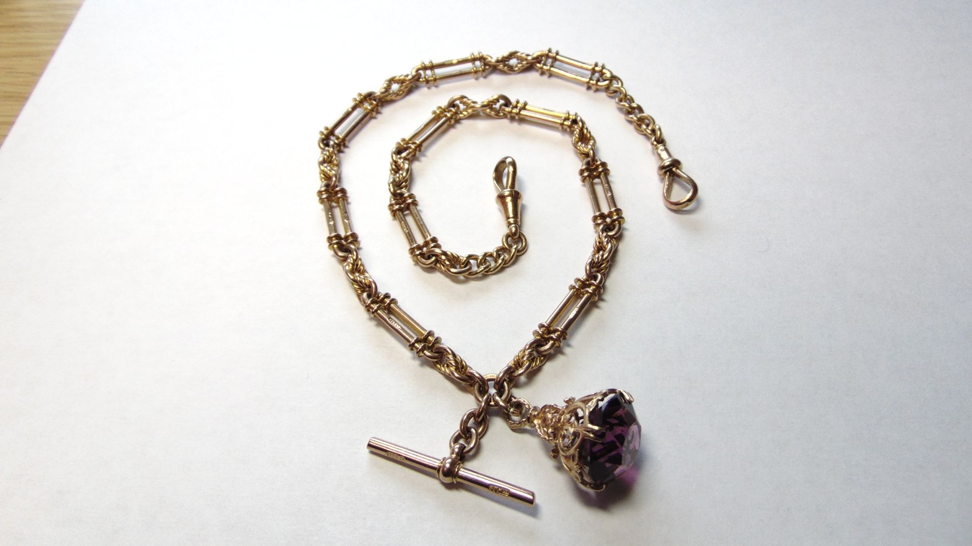 Vintage 9ct Yellow Gold 18" Albert Necklace with Amethyst Fob