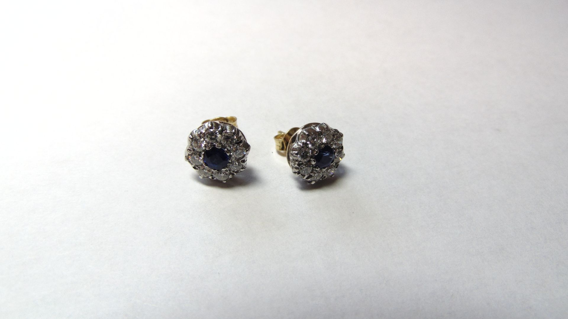 Stamped 750 Diamond & Sapphire Cluster Stud Earrings