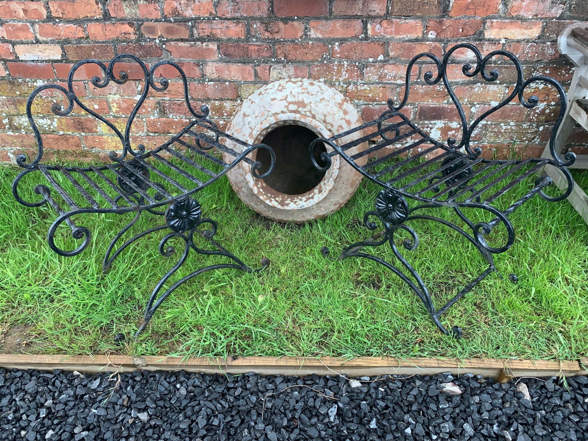 PAIR HEAVY ORNATE IRON EGYPTIAN BENCH CHAIRS