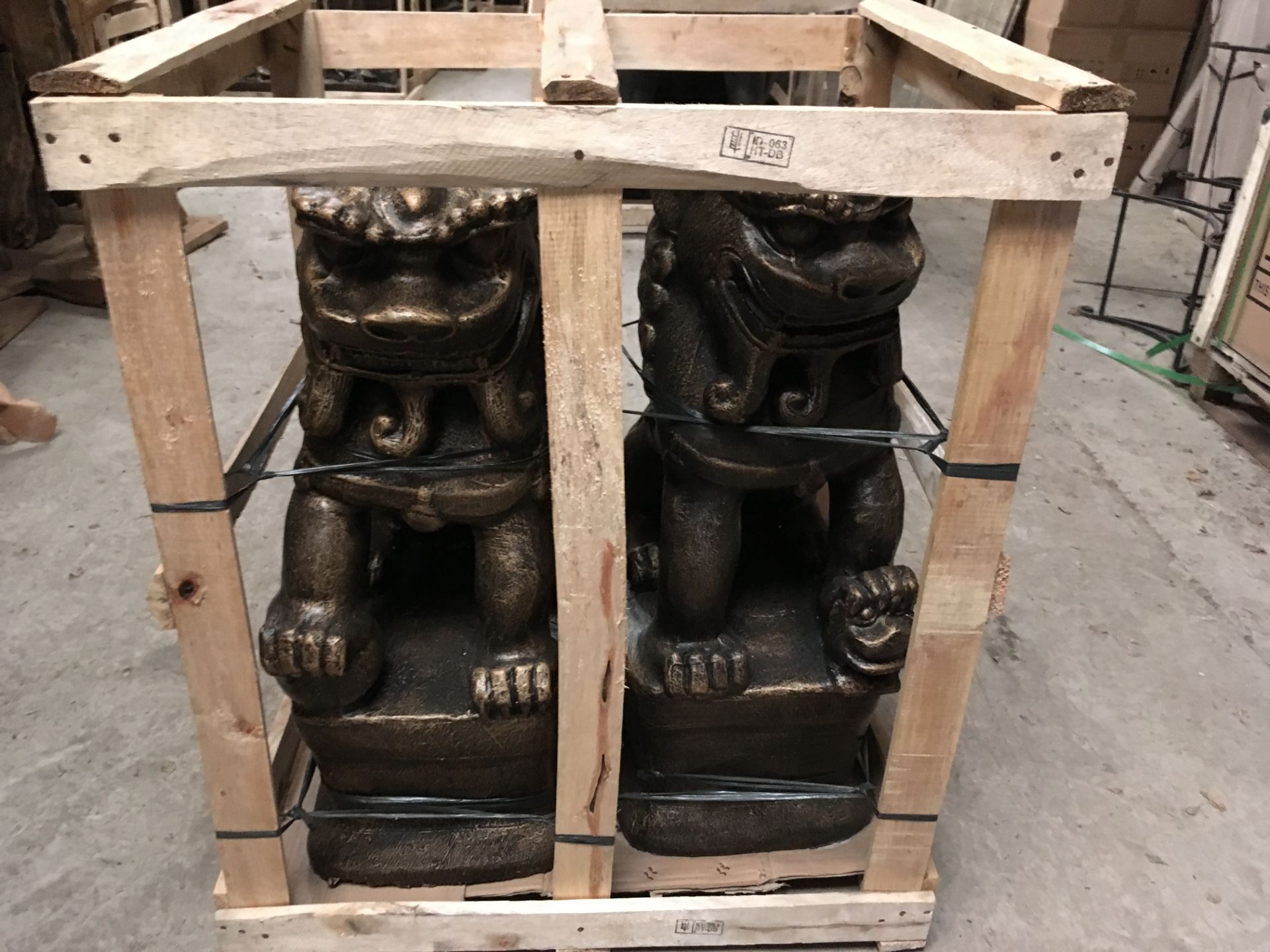 PAIR CRATED CHINESE LIONS IN BRONZE FINISH