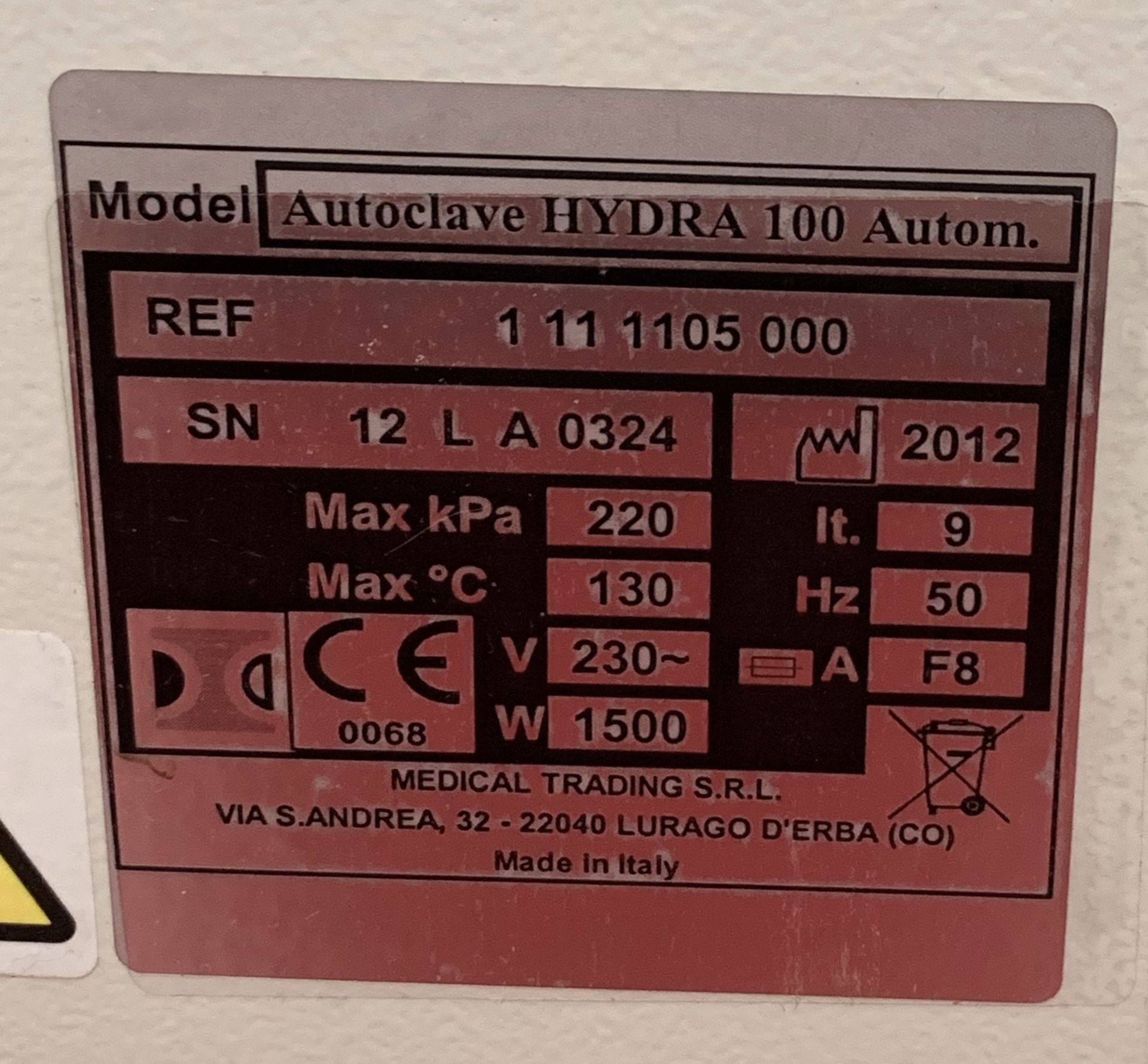 Autoclave Hydra 1000 Automatic - Image 2 of 2