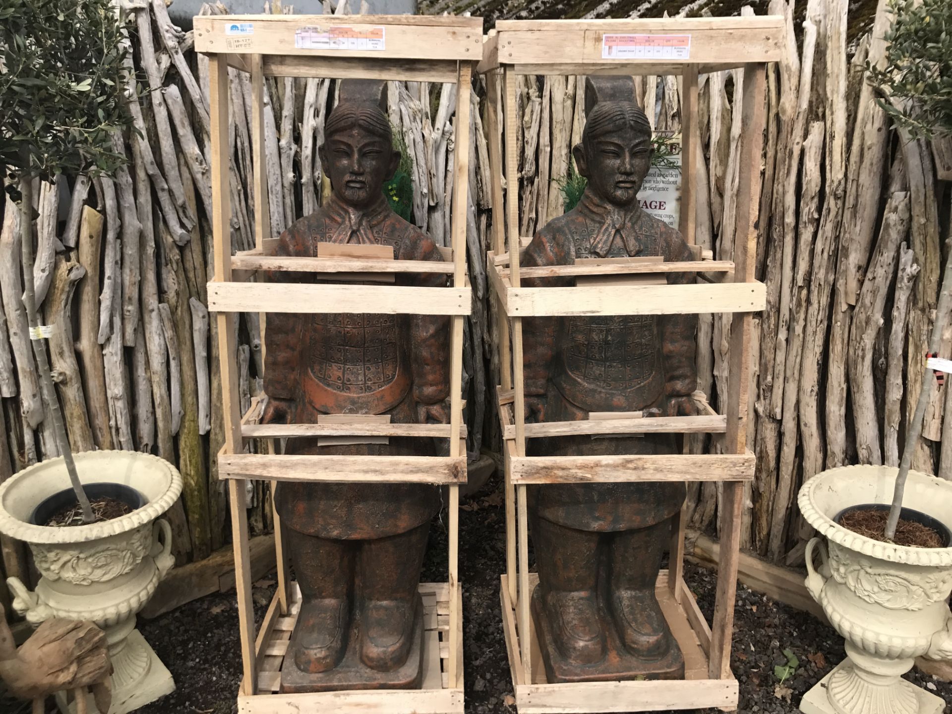 MATCHING PAIR HANDFIRED CLAY HEAVY TERRECOTTA WARRIOR IN CRATE FINISHED IN TERRECOTTA