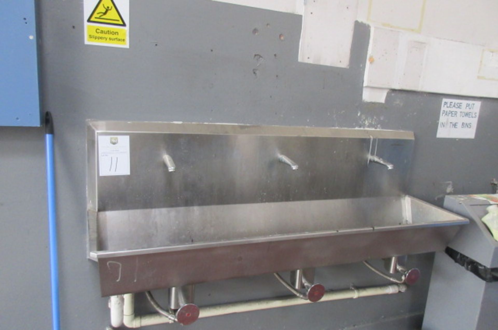 Three station stainless steel knee operated hand wash trough