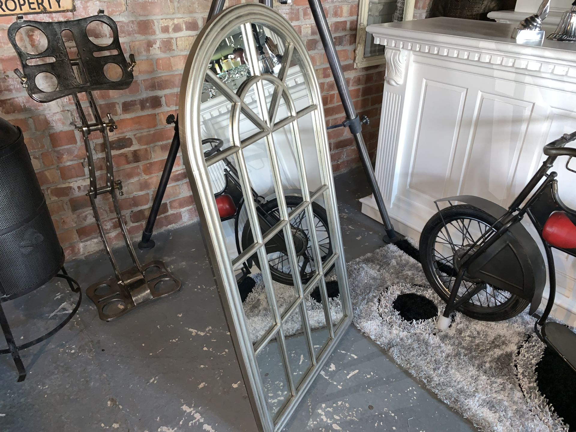 BOXED NEW INDUSTRIAL STYLE ARCH MIRROR IN ANTIQUE SILVER