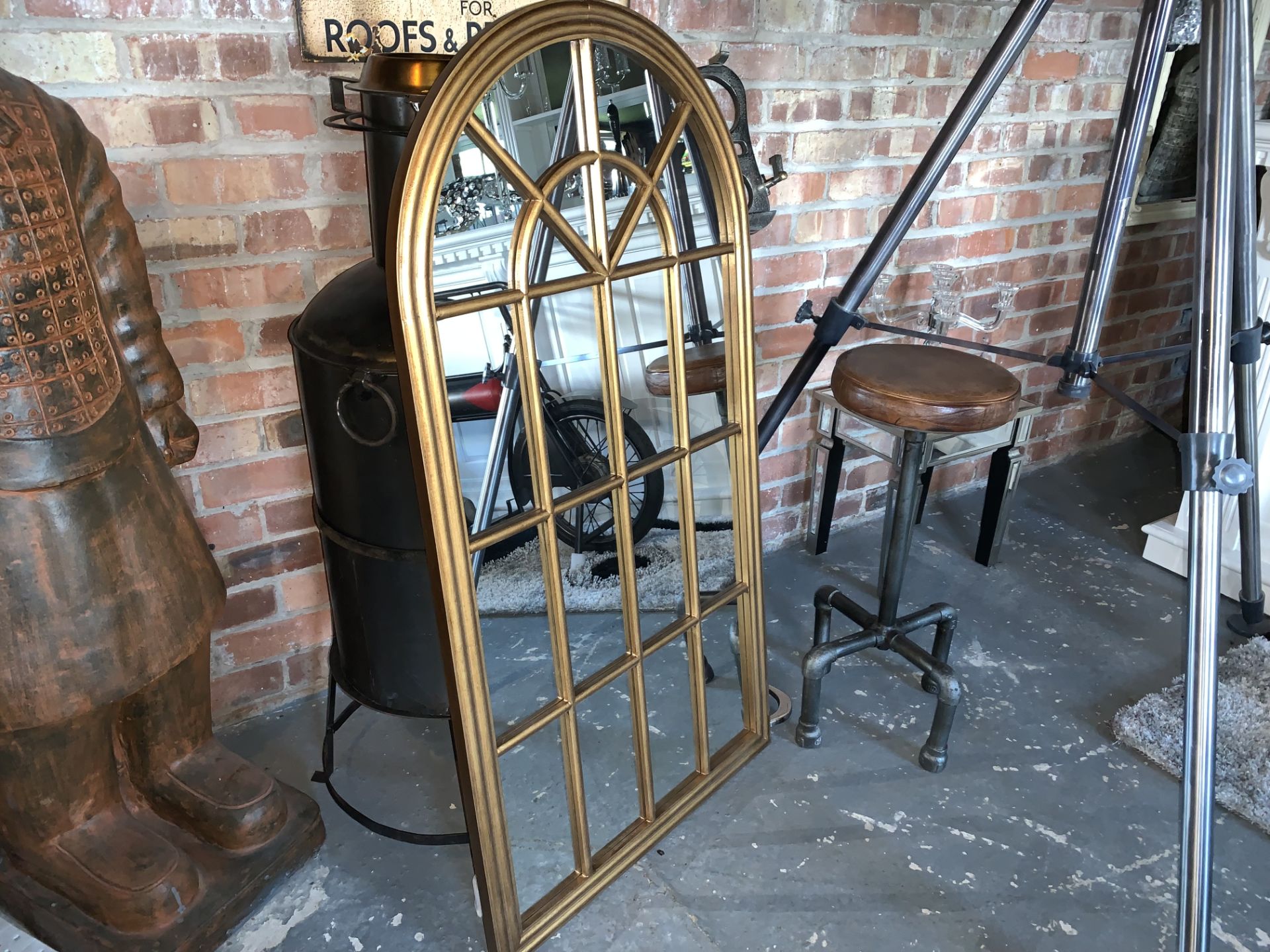 BOXED NEW INDUSTRIAL STYLE ARCH MIRROR IN ANTIQUE GOLD