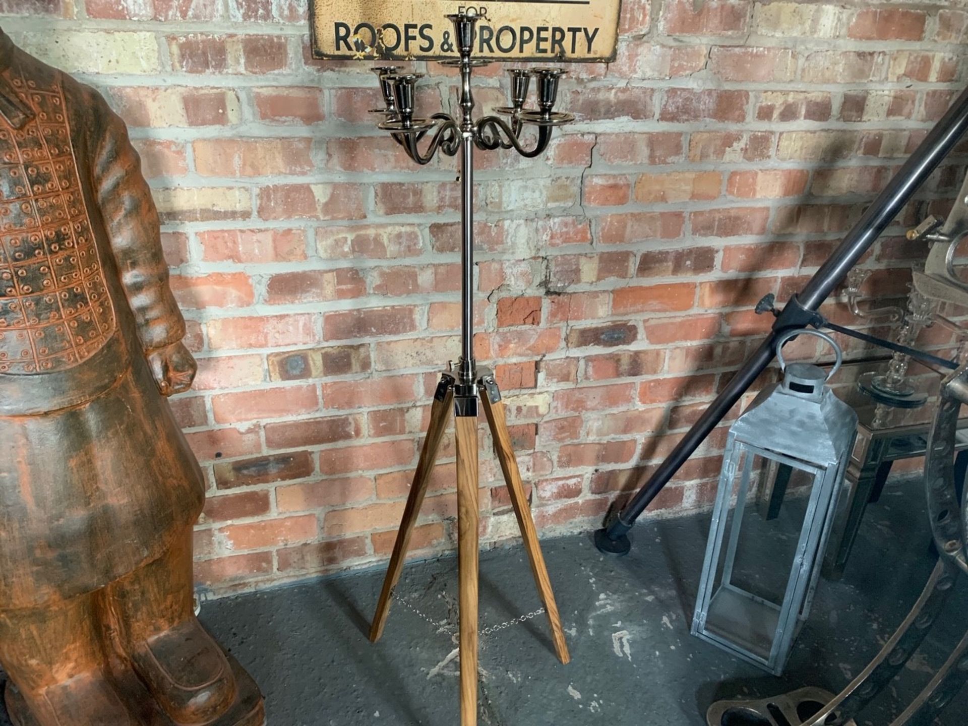 BOXED NEW 4FT TALL NICKEL CANDELABRA ON EXTENDABLE TEAK TRIPOD