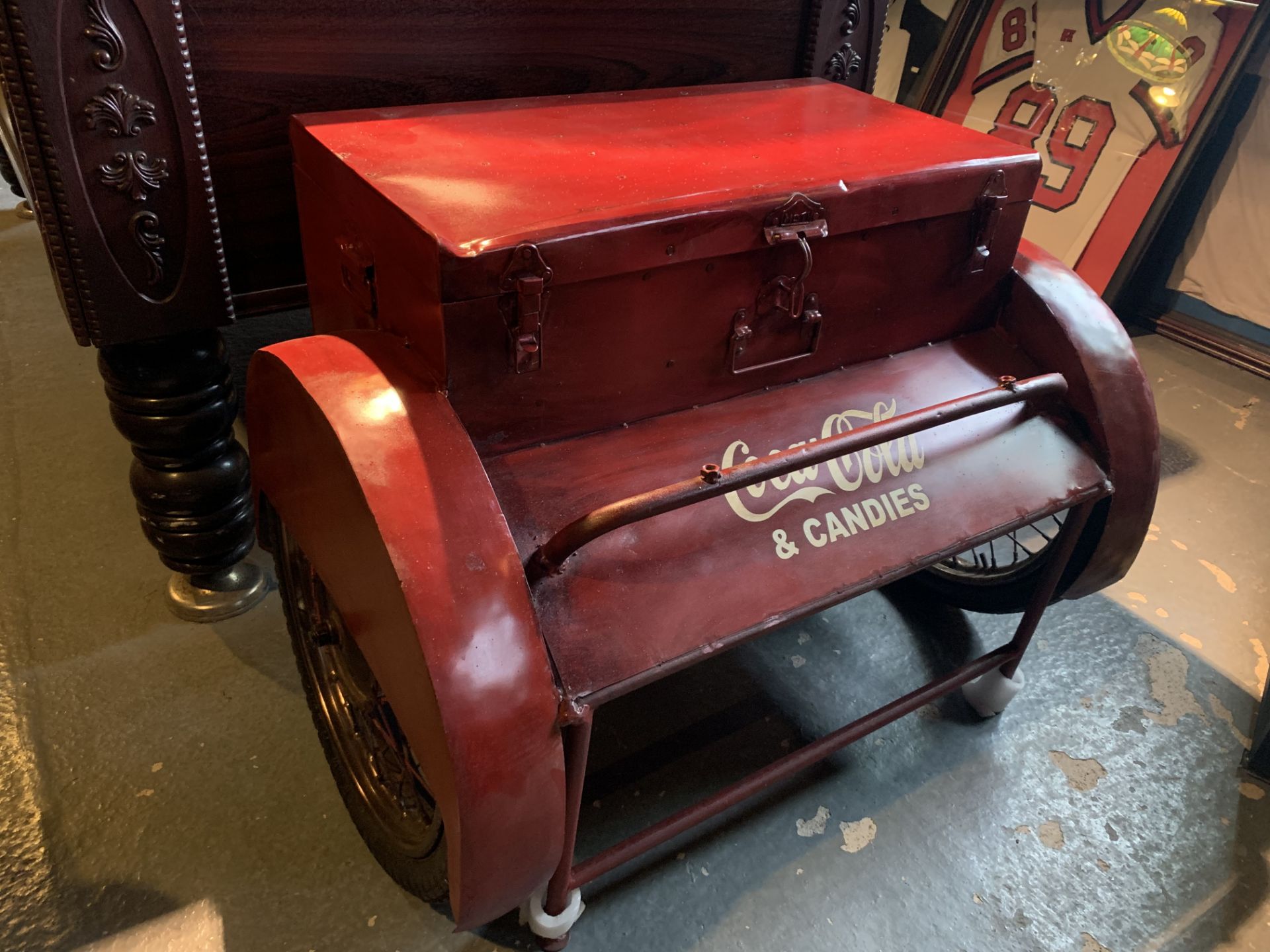 VINTAGE COCA COLA FABRICATED METAL TRAILER ON WHEELS