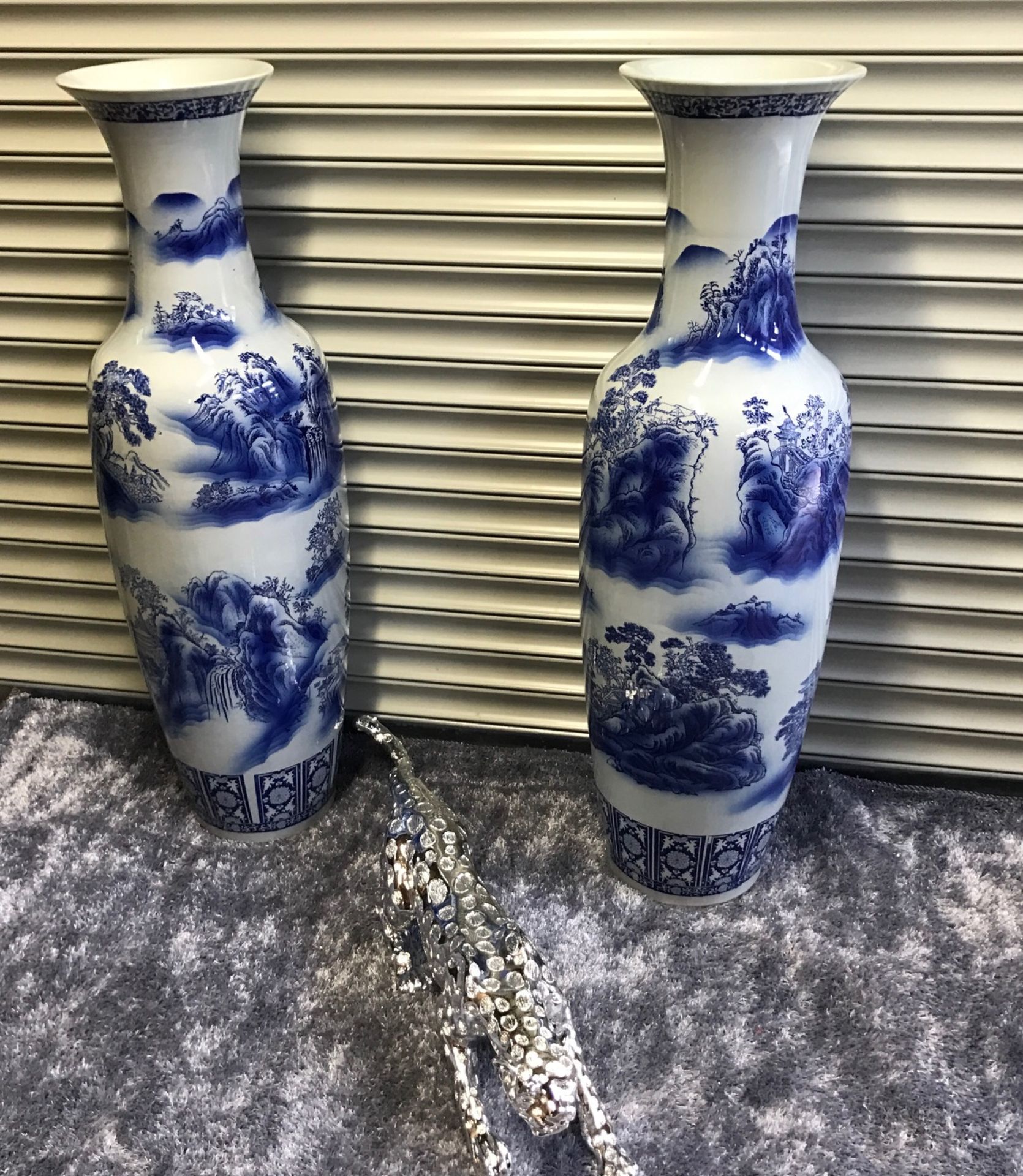 CRATED PAIR LARGE 4FT TALL PORCELAIN VASES WITH BLUE RELIEF