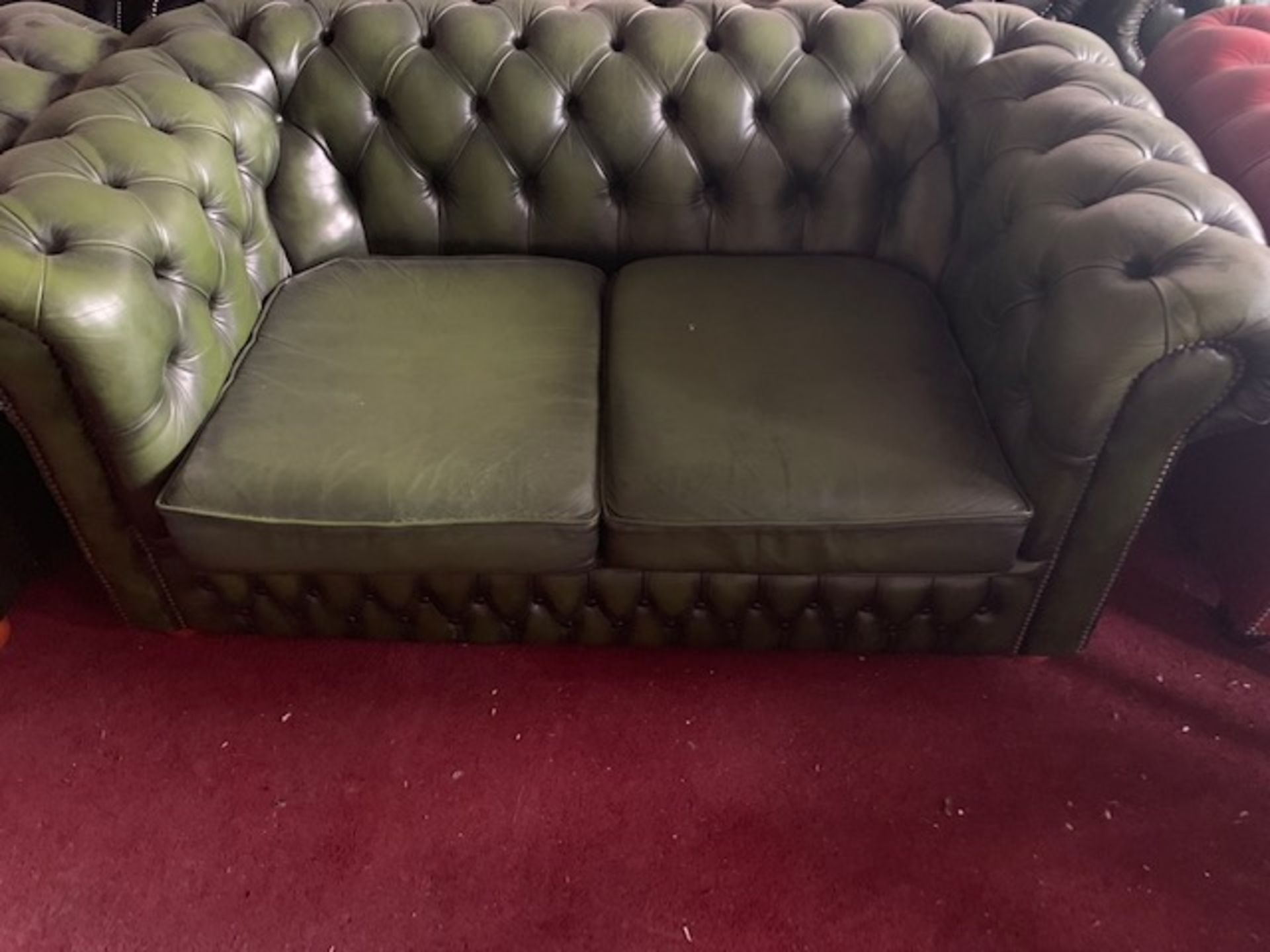 GREEN LEATHER CHESTERFIELD 2 SEATER SOFA