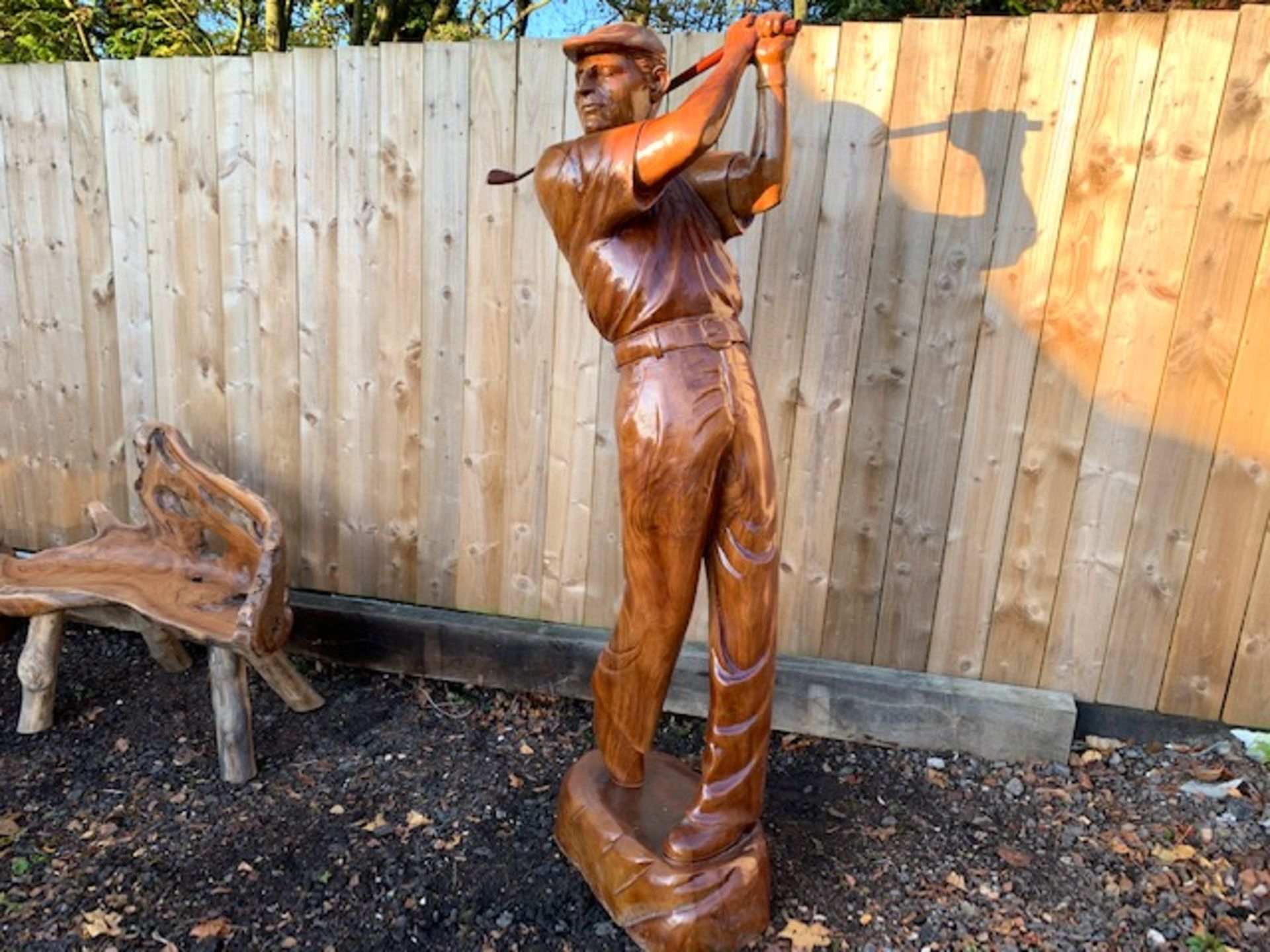 MUSEUM QUALITY HANDCARVED STRIKING 2M HIGH SOLID WOOD GOLFER IN MOTION