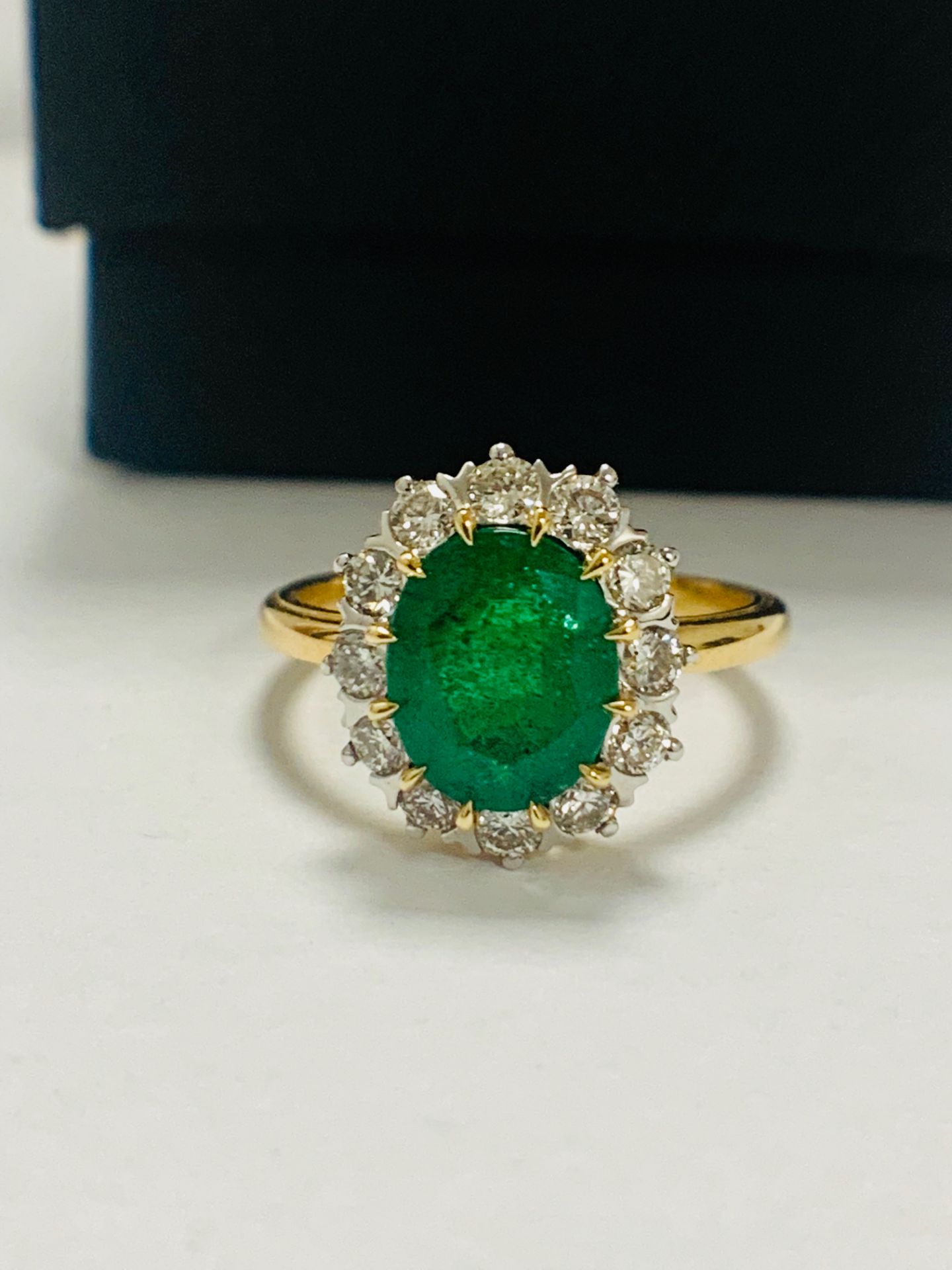 14ct Yellow Gold Emerald and Diamond Ring Featuring Centre, Oval Cut, Dark Green Emerald