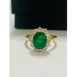 14ct Yellow Gold Emerald and Diamond Ring Featuring Centre, Oval Cut, Dark Green Emerald