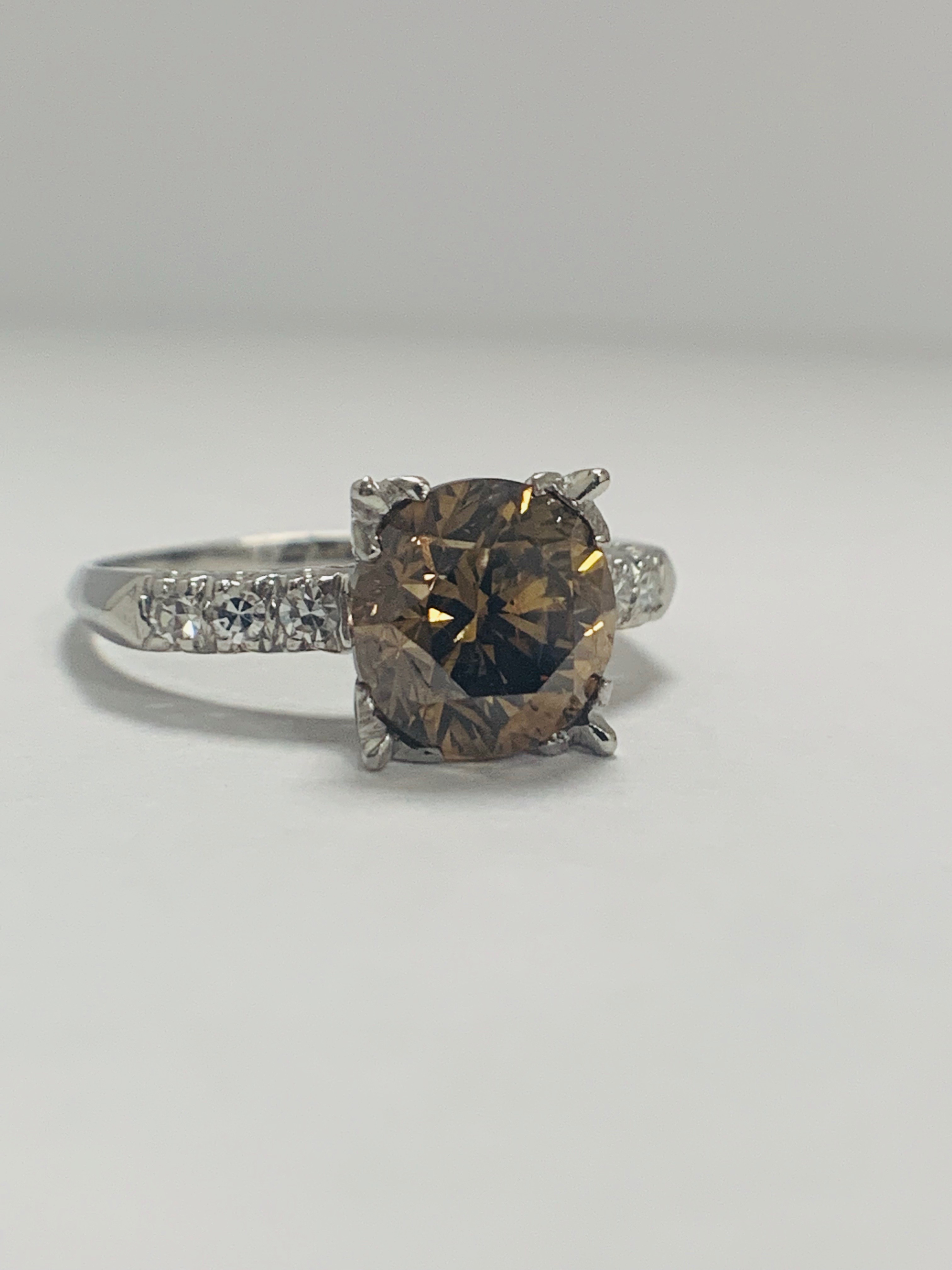 Platinum Diamond Ring Featuring Centre, Round Brilliant Cut, Medium Yellowish Brown Diamond (3.20ct) - Image 8 of 9